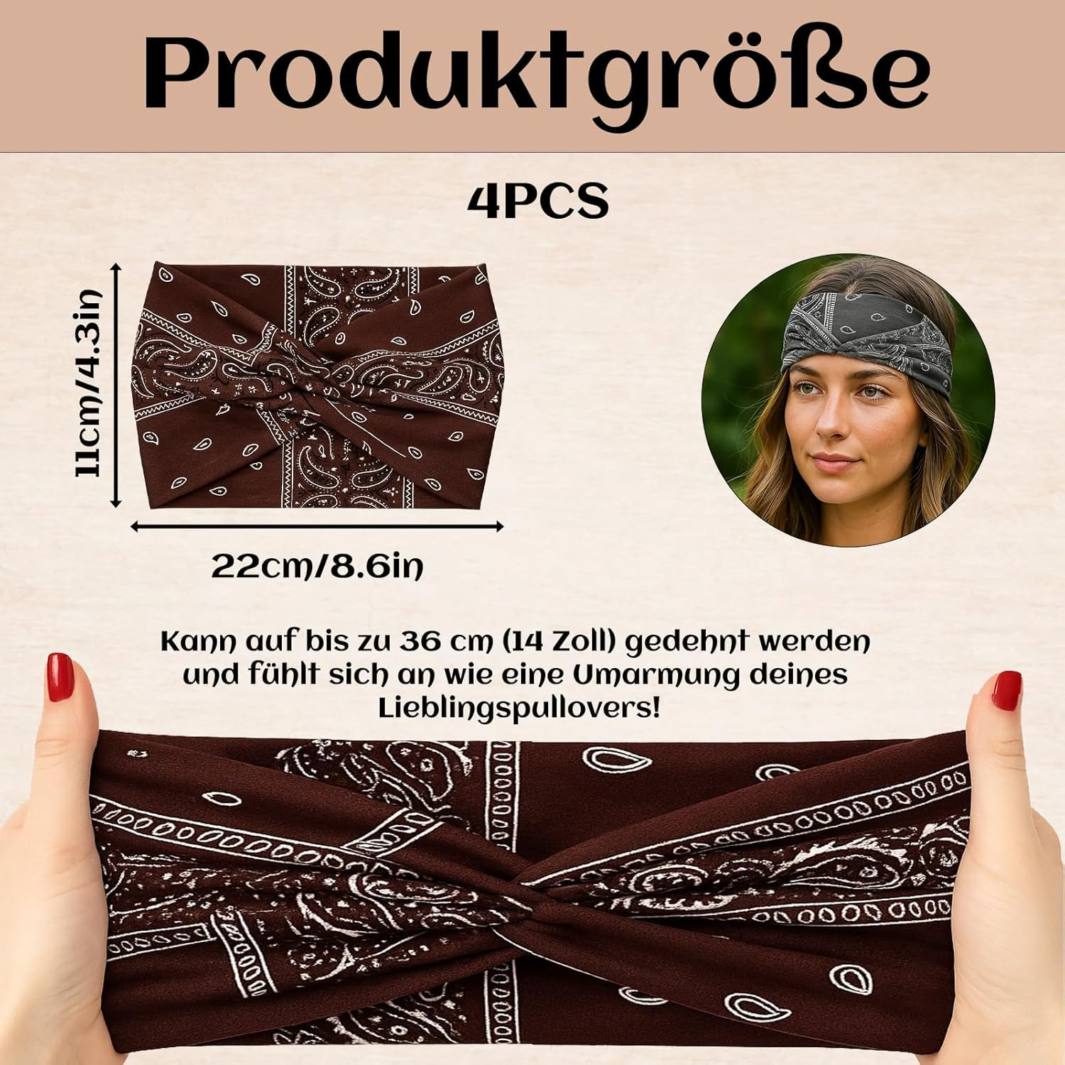 Hair Band Cosmetics, Pack of 4 Women'S Hair Bands in Brown, Beige, Black and Green, Soft Headband for Sports and Everyday Use, Comfortable Headscarf for Women with Good Fit image number 5