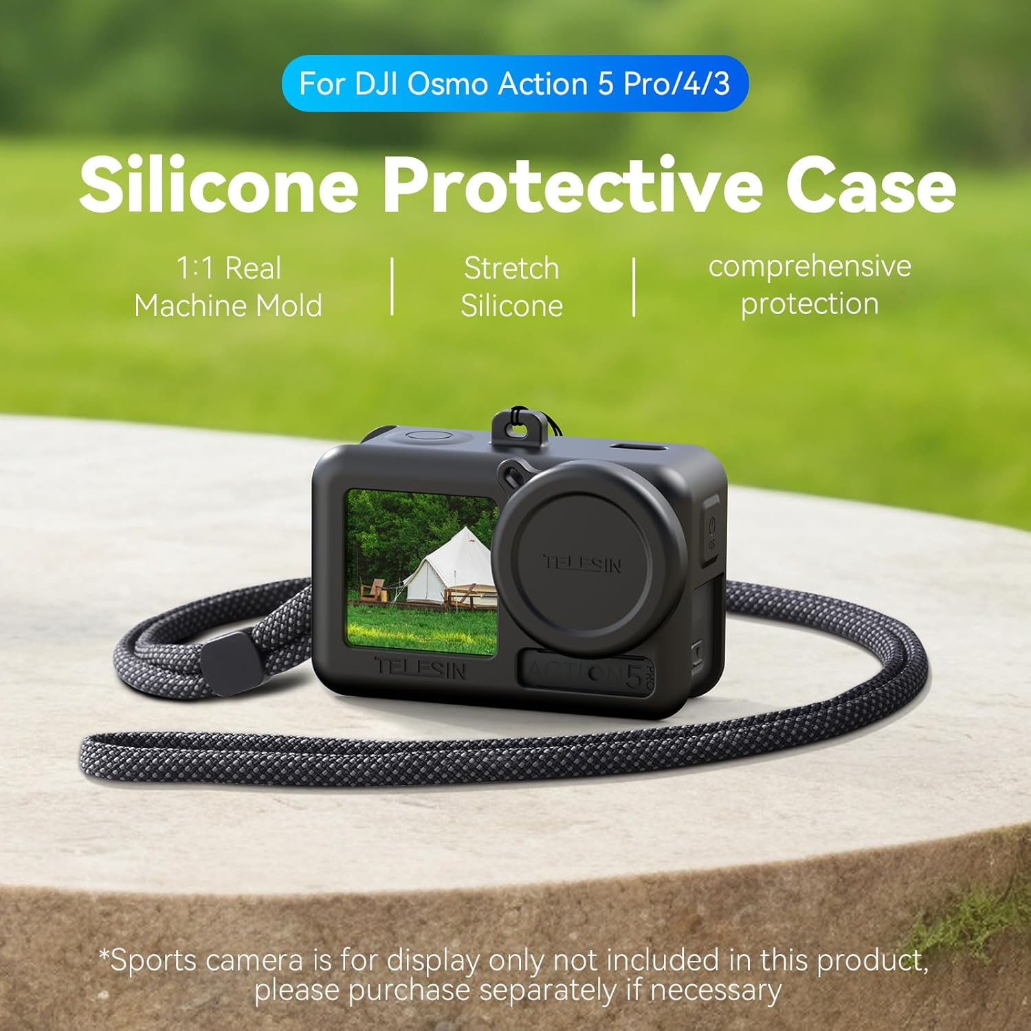 TELESIN Black Silicone Protective Case for DJI Osmo Action 5 Pro/Action 4/Action 3, Shockproof Anti-Scratch Full-Body Camera Sleeve Case Cover with Lens Cap & Wrist Strap, for Outdoor/Vlog/Travel image number 1