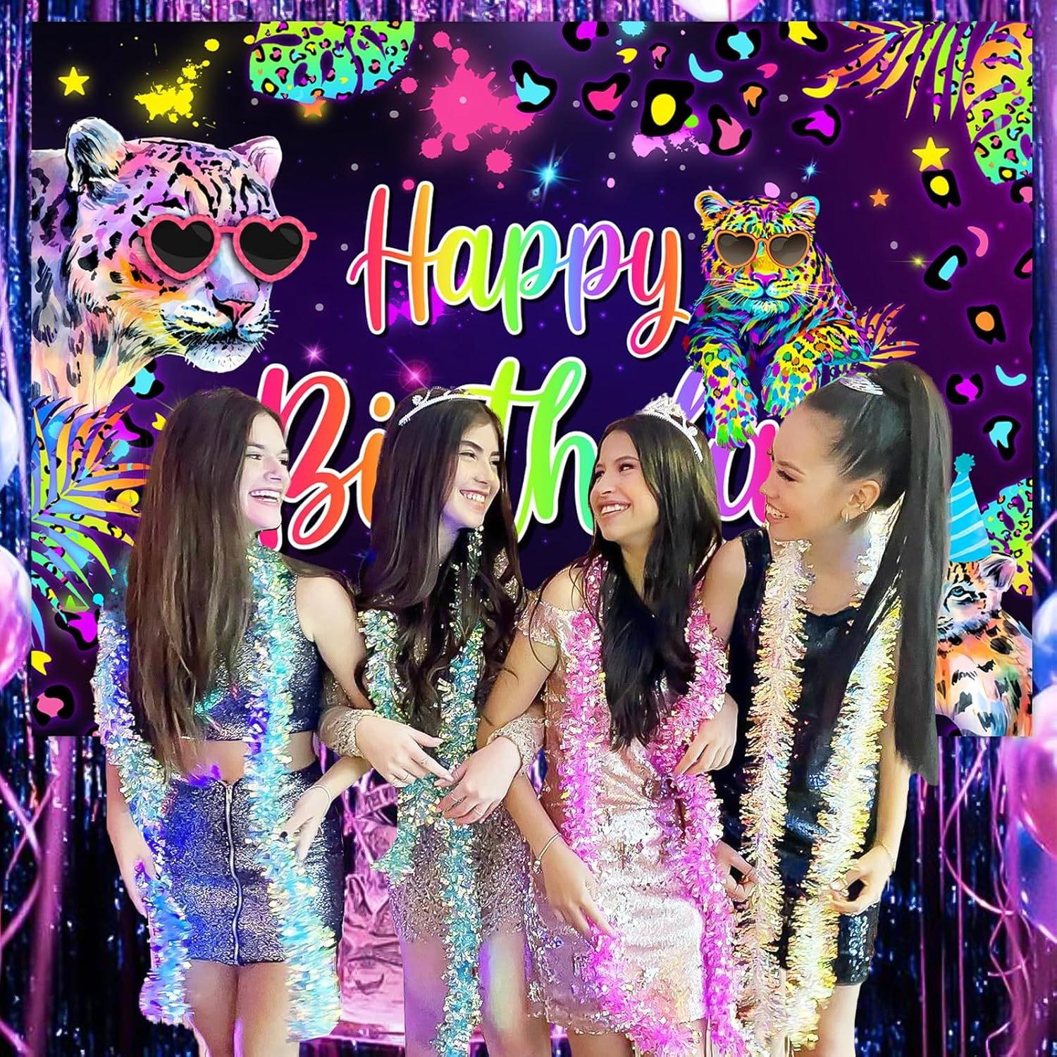 Wonmelody 7 * 5Ft Rainbow Leopard Birthday Backdrop Rainbow Cheetah Party Decorations Neon Leopard Photography Background Safari Wild Cheetah Photoshoot Backdrop Party Supplies for Women Girls image number 4