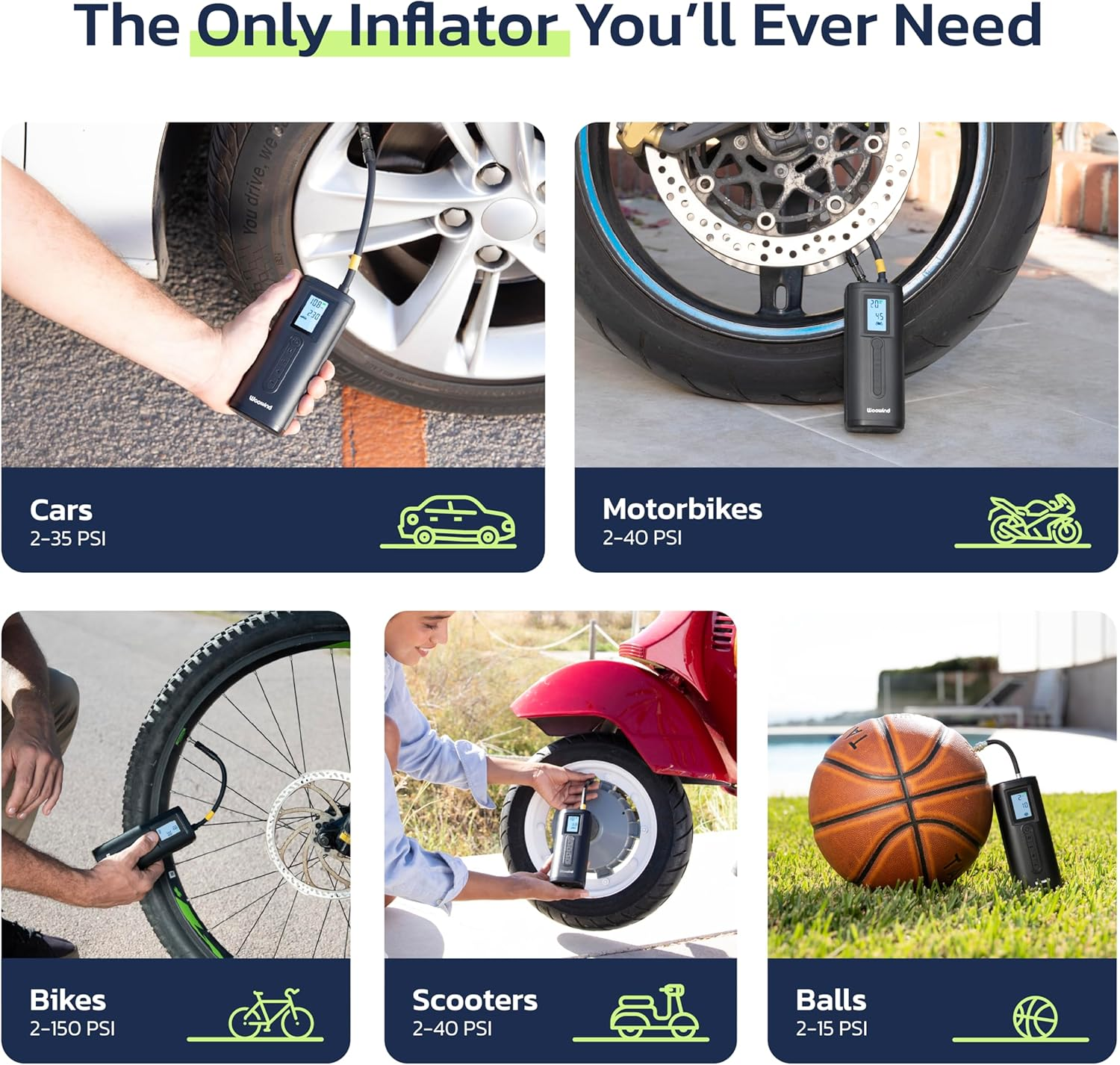 Woowind AP2-P Cordless Tyre Inflator Electric Bike Pump with Digital Pressure Gauge, Rechargeable Car Portable Air Compressor Tyre Pump for Car, Bicycle, Motorcycle, Scooter,Balls (AP2-P) image number 5