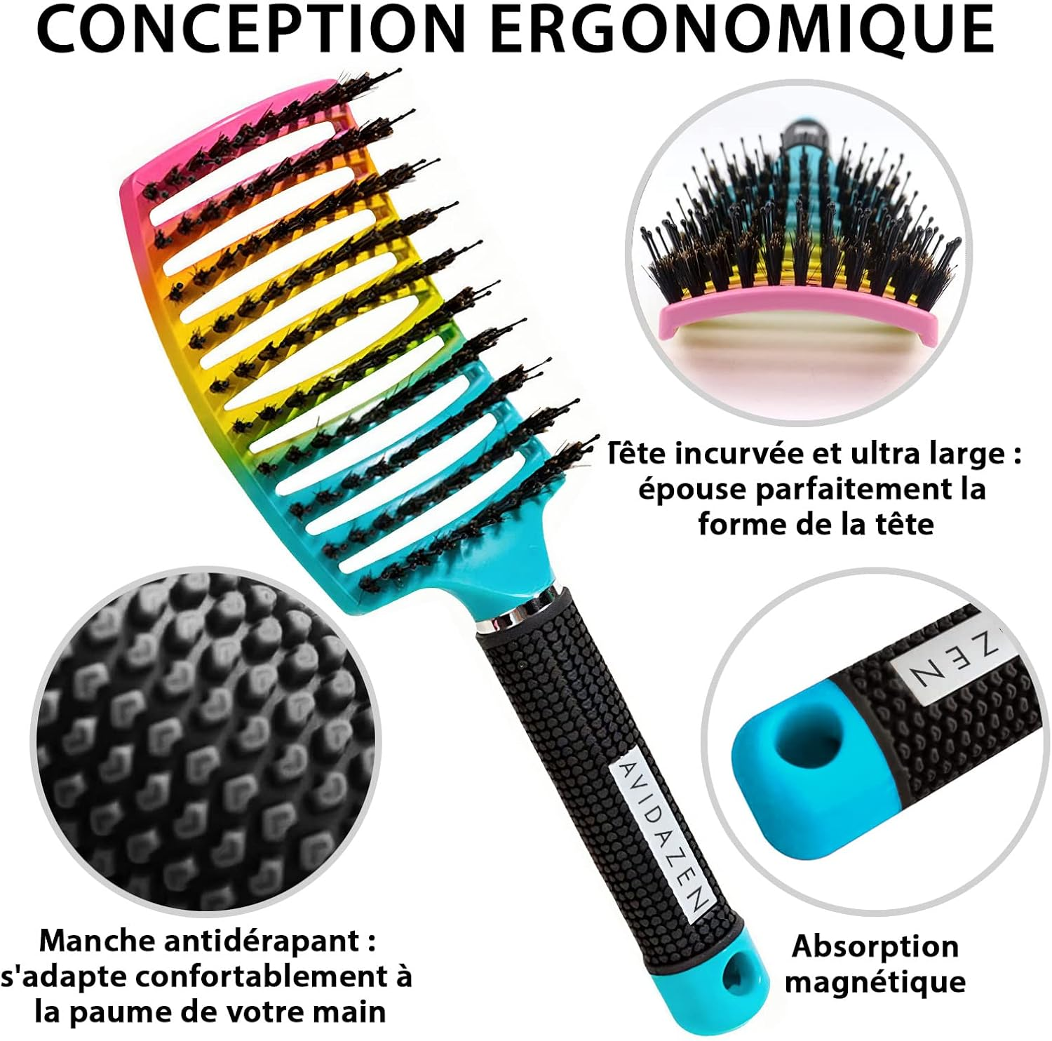 Boar Bristle Brush Blue Rainbow &ndash; 100% Natural Boar Bristle Hair Brush &ndash; Detangles All Hair Types and Painless! image number 1