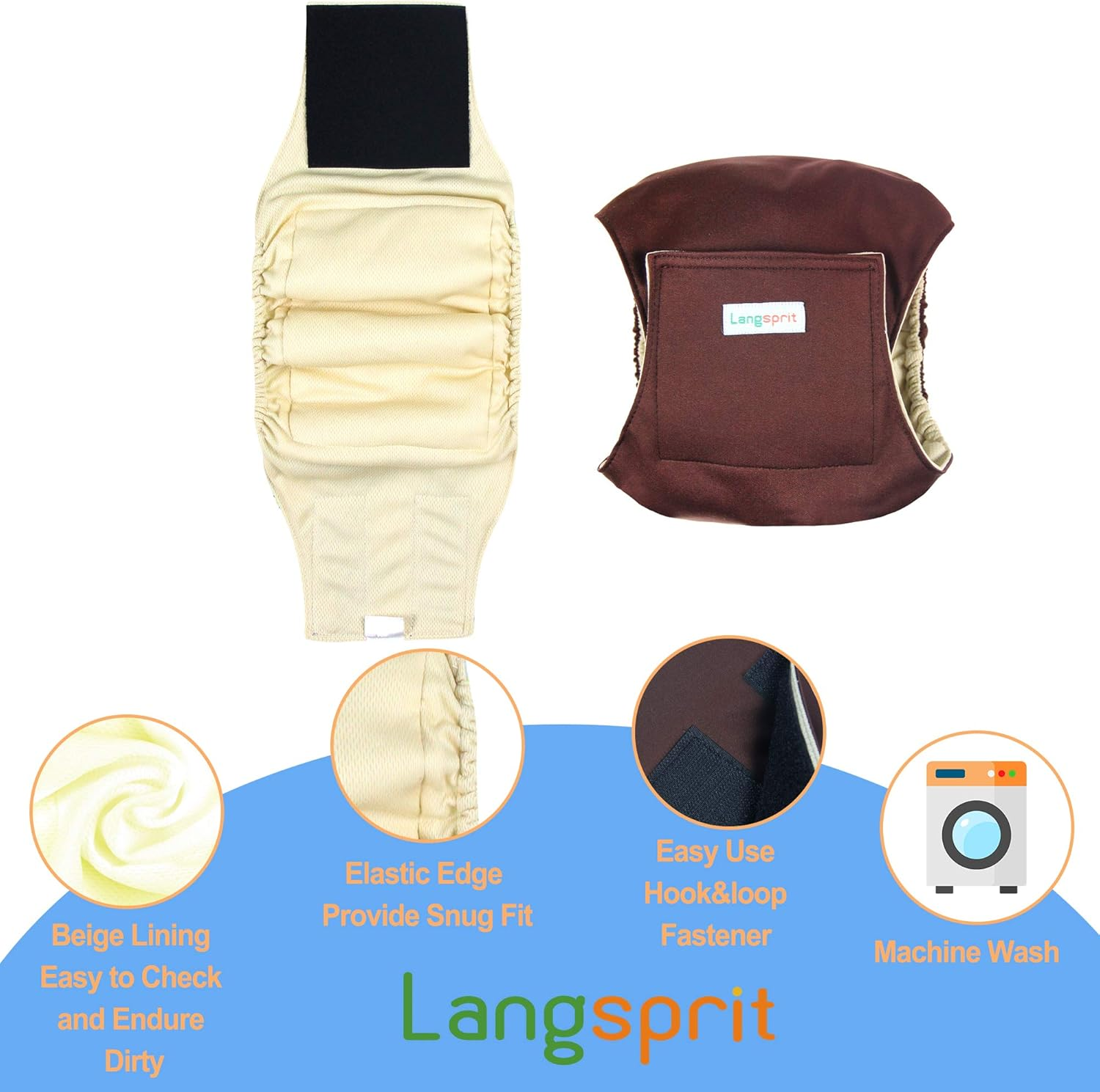 Langsprit Male Belly Bands for Dogs (Pack of 3) - High Absorbing Washable Dog Wraps - Reusable Diapers (Black, Gray, Coffee, Small) image number 3