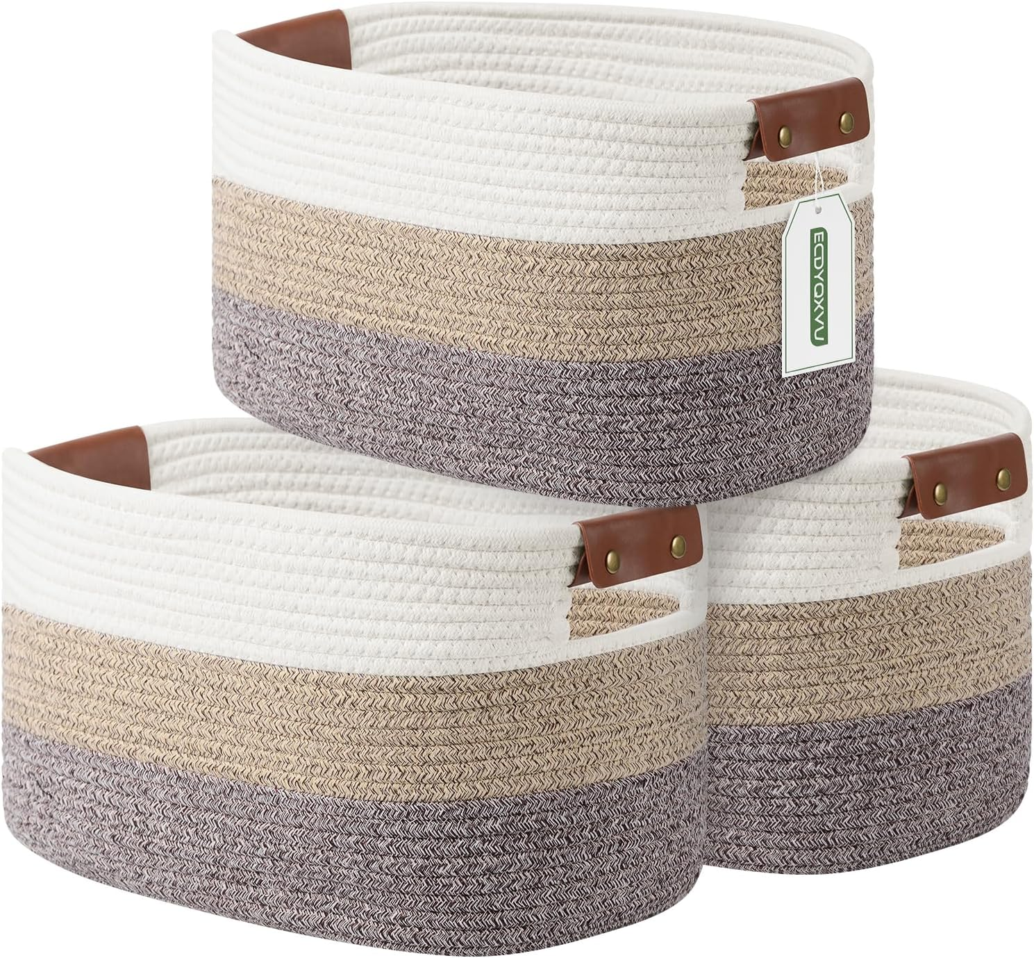 Cotton Rope Basket , Storage Baskets with Handle, 15X10X9 Inch Woven Basket for Shelves, Laundry, Towels, Clothes, Books, Toys (White, 3 Pack)