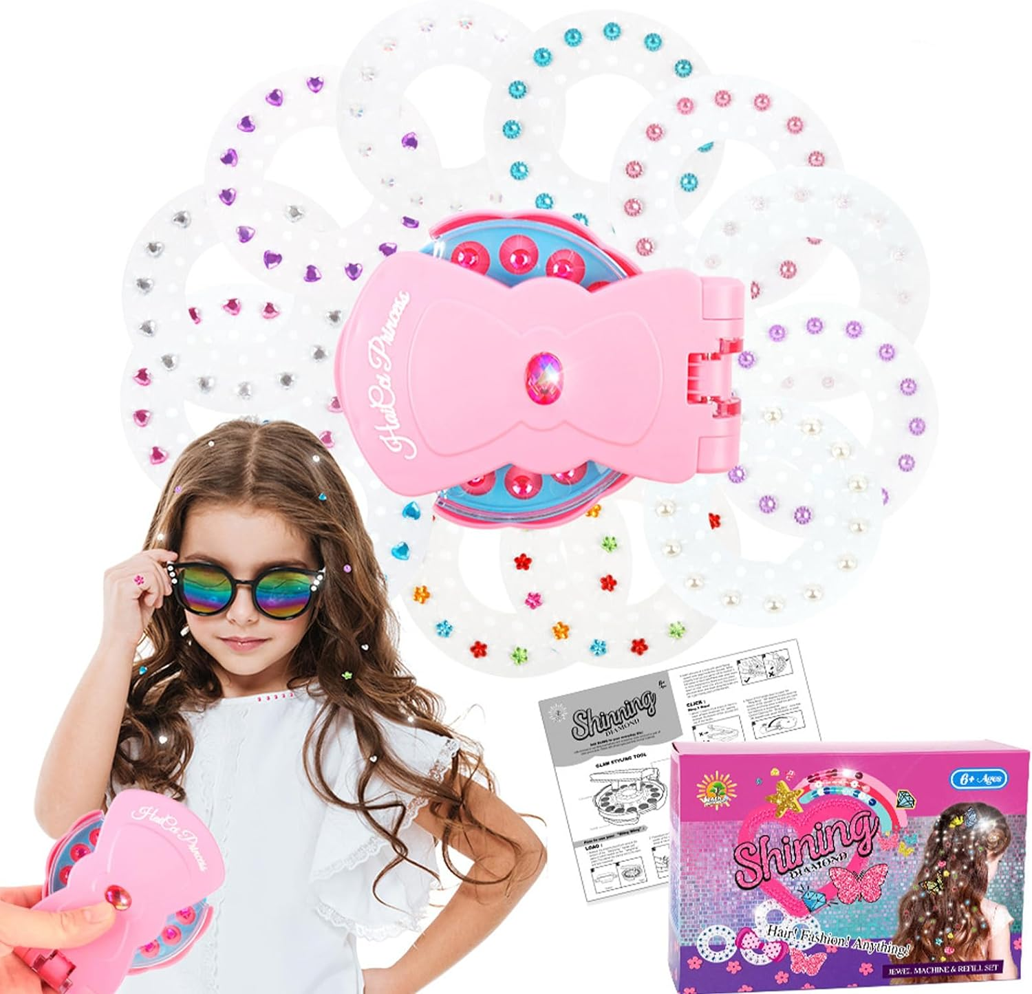 Hair Kit with Rhinestones, Hair Bling Gems for Girls, Bling Bling Hair Gem Stamper with 180 Gems,Diamonds Stapler Tool for Hair（Pink） image number 5