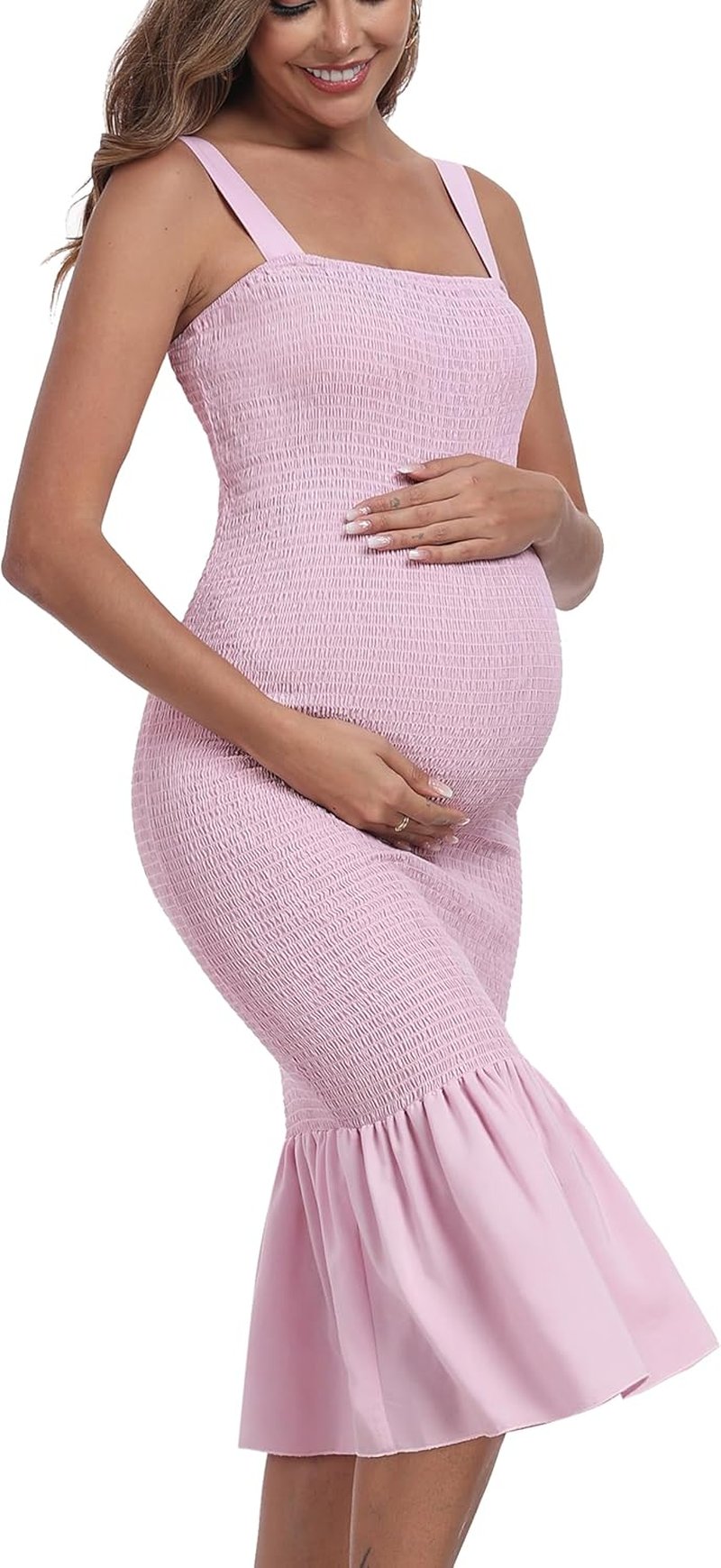 Summer Tank Maternity Dress Sleeveless Strappy Midi Bodycon Square Neck Ruffle Mermaid Smocked Dress for Baby Shower image number 5
