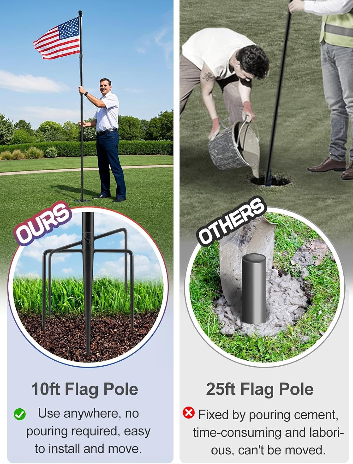 Acostop 10 FT Heavy Duty Flag Poles in Ground with 5 Pronges Base- Extra Thick Flag Pole Kit for Yard, Fit for 2 Flags- Windproof Ground Flag Poles for outside House Residential or Commercial, Black image number 6