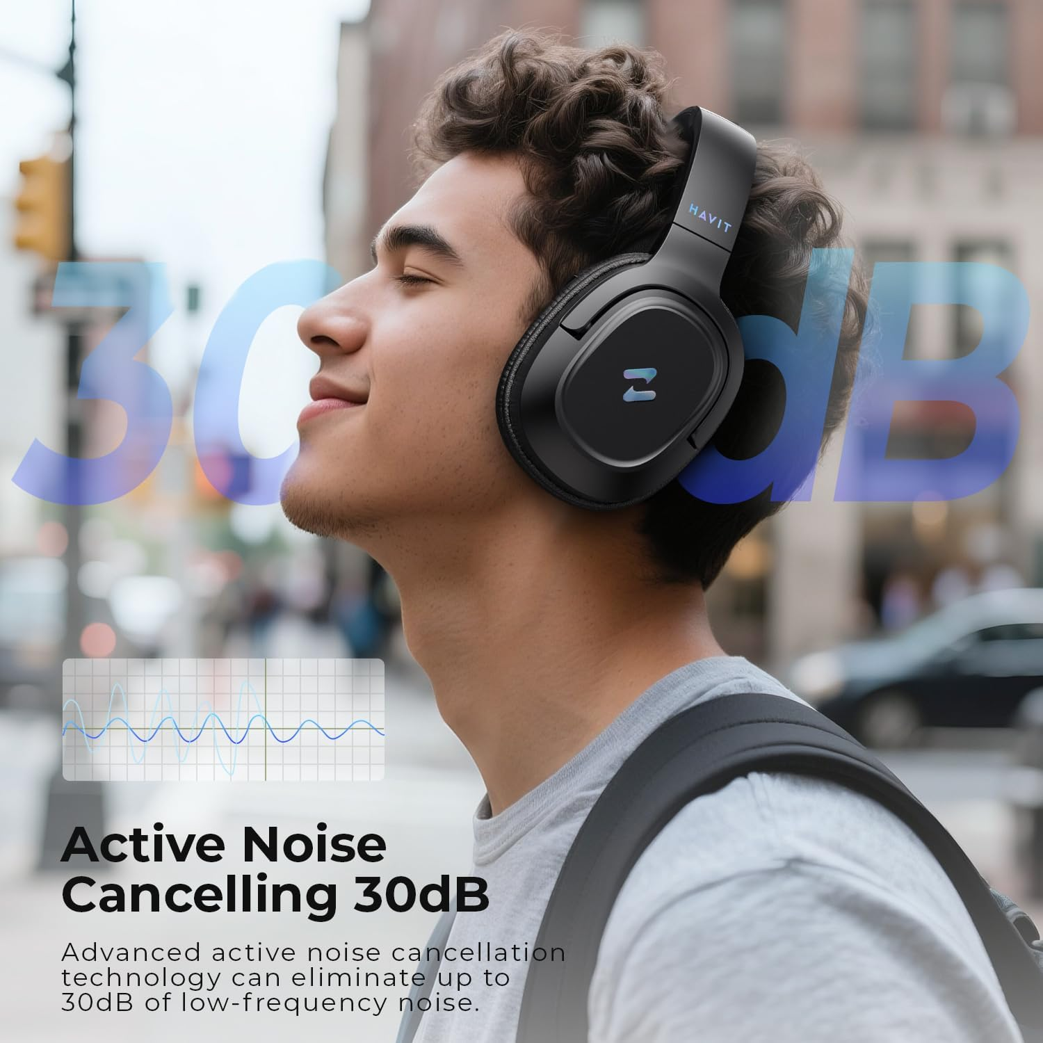 Havit Active Noise Cancelling Headphones, Wireless over Ear Bluetooth Headphones with 60Ms Low Latency Game Mode, 50H Playtime, Foldable Overhead Headphones with Deep Bass, Bluetooth 5.4, App Control image number 3
