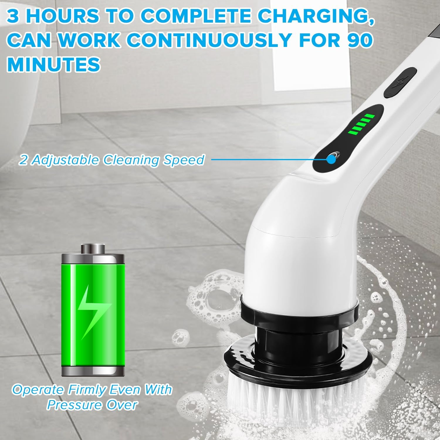 Necomi Electric Rotary Scrubber,Adjustable Handle Long Handle Electric Cleaning Brush with 9 Replaceable Brush Heads,2 Adjustable Speeds,Rechargeable,Suitable for Bathroom, Kitchen, Tile,Car Cleaning image number 2