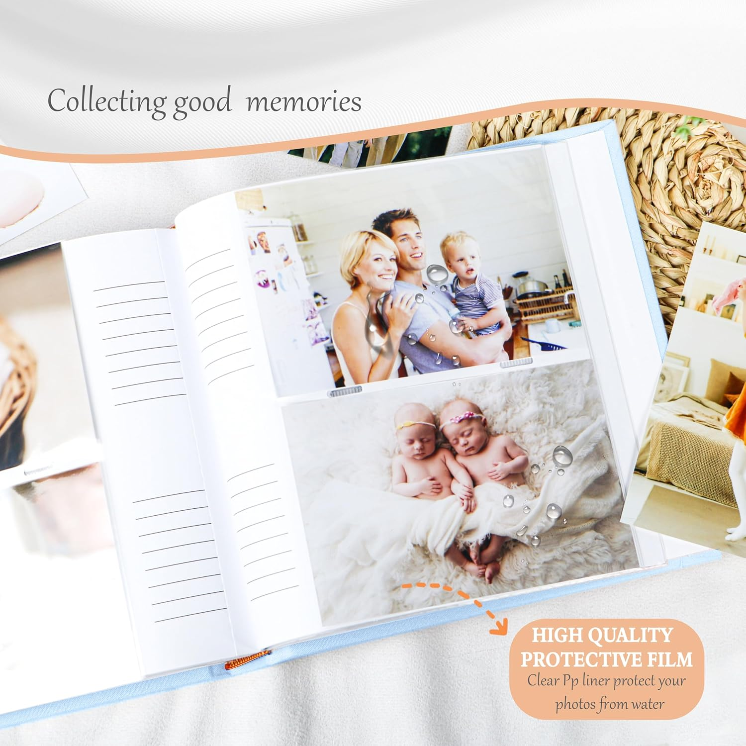 Holoary Baby Photo Album 4X6 100 Photos with Writing Area, 100 Pockets 4X6 Picture Album, Linen Fabric Cover Picture Book for Photos, Baby Photo Albums Hot Stamping Cover(Blue) - Blue image number 3