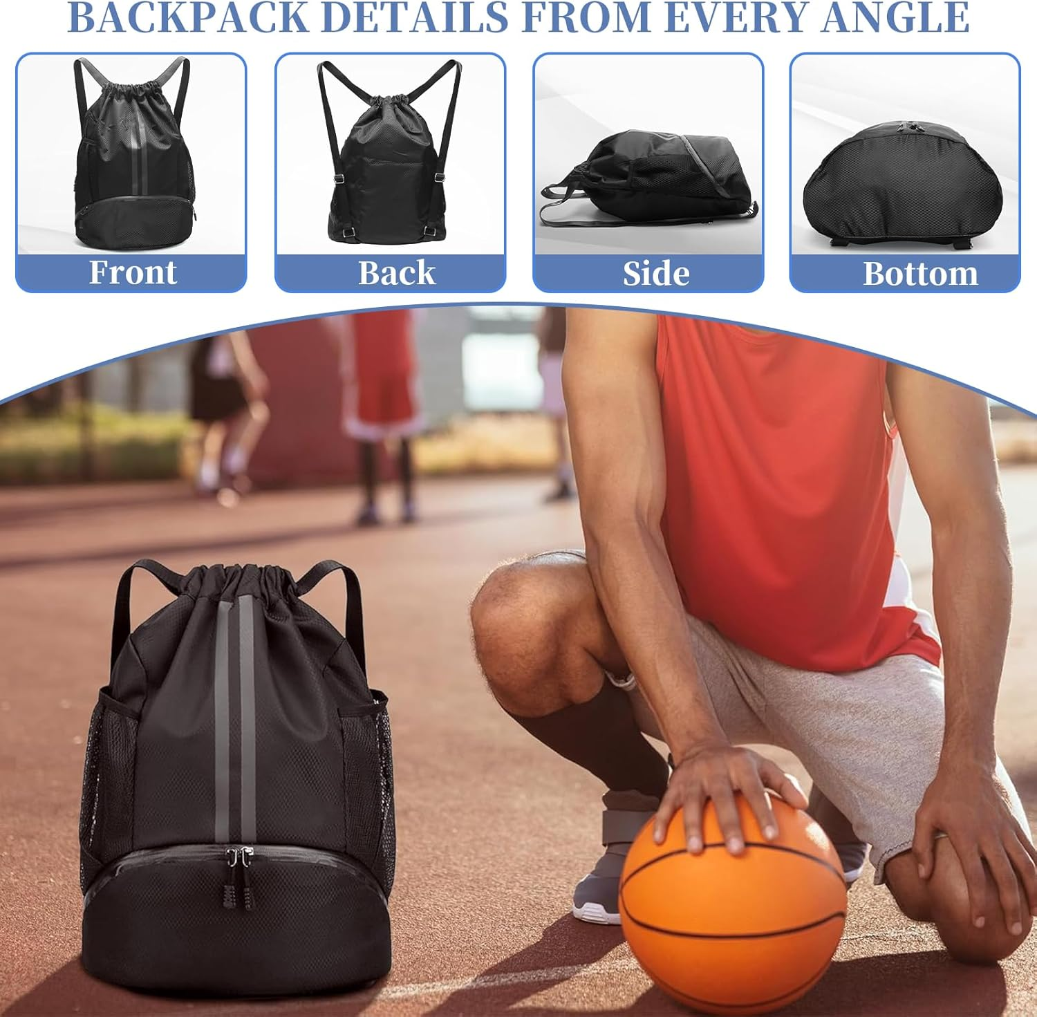Sports Ball Bags with Dry Wet Separation Shoe Compartment, Water Resistant Drawstring Gym Bag Backpack, Side Mesh Pockets Gym Bag, Cricket Football Rugby Basketball Volleyball Backpack image number 5