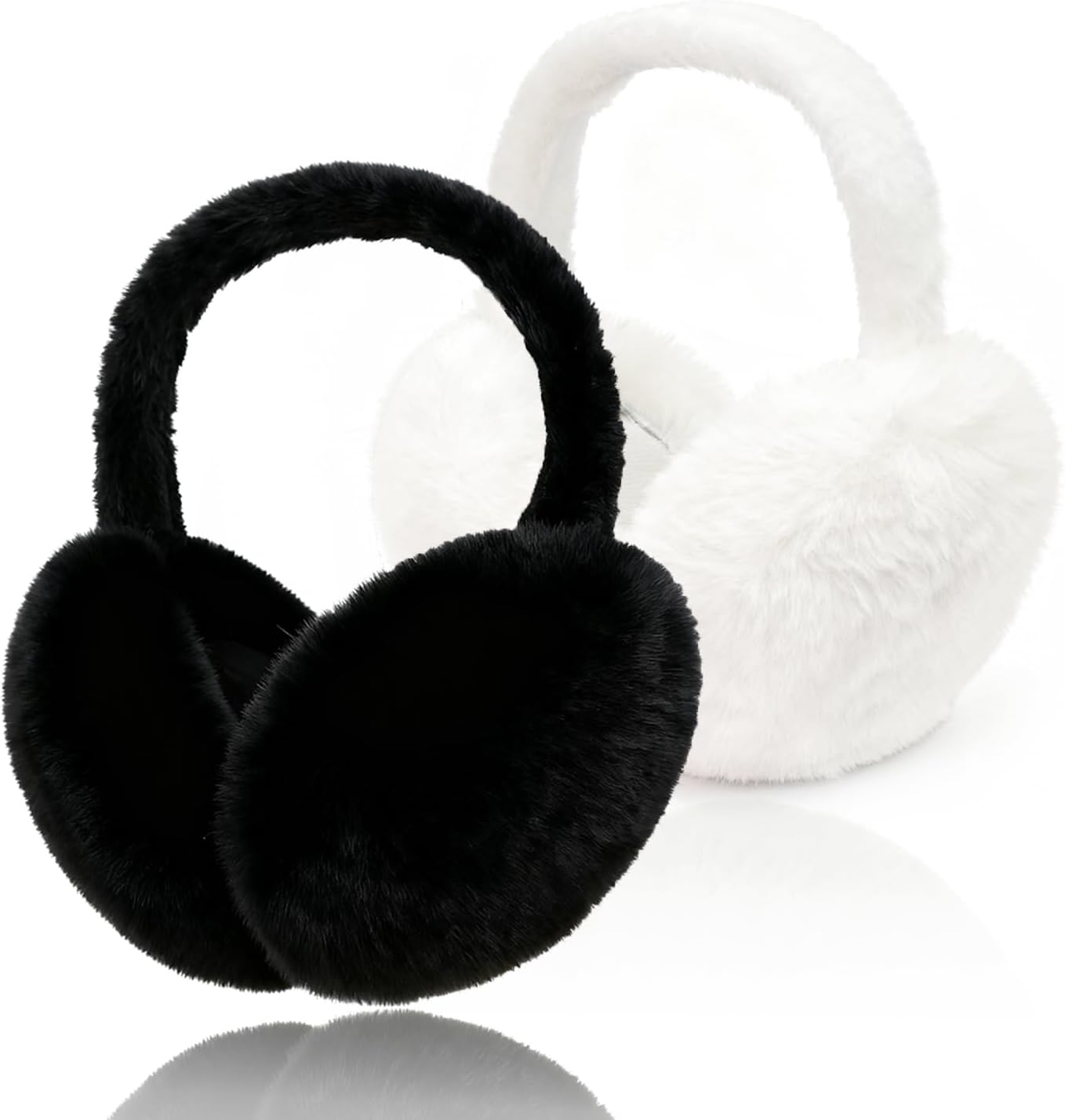 Cisnocr 2Pcs Earmuffs for Women Winter White Black Fur Earmuffs Foldable Ear Warmer Soft Ear Covers