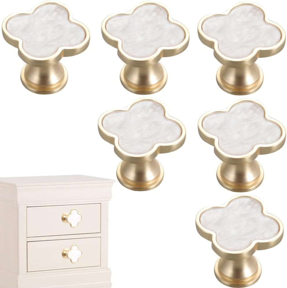 CPELLESSE 6 Pcs Clover Knobs Four-Leaf Handle Creative Cabinet Drawer Pulls Gold for Dresser Wardrobe Zinc Alloy Single Hole Door Handle(White) image number 6