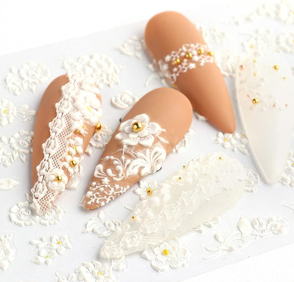 5D Stereoscopic Embossed Nail Art Stickers White Flower Nail Decals Relief Self-Adhesive Butterfly Nail Stickers Nail Art Supplies Nail Designs for Women DIY Acrylic Nail Decorations (3 Sheets) image number 2