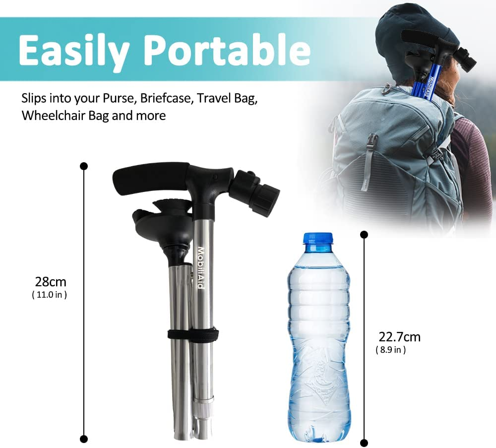 New Improved Mobiliaid Elegant Foldable Walking Stick with LED Light - Walking Sticks for Seniors - Folding Walking Stick Cane - Portable, Adjustable & Lightweight - Walking Cane for Daily Use/Travel image number 4