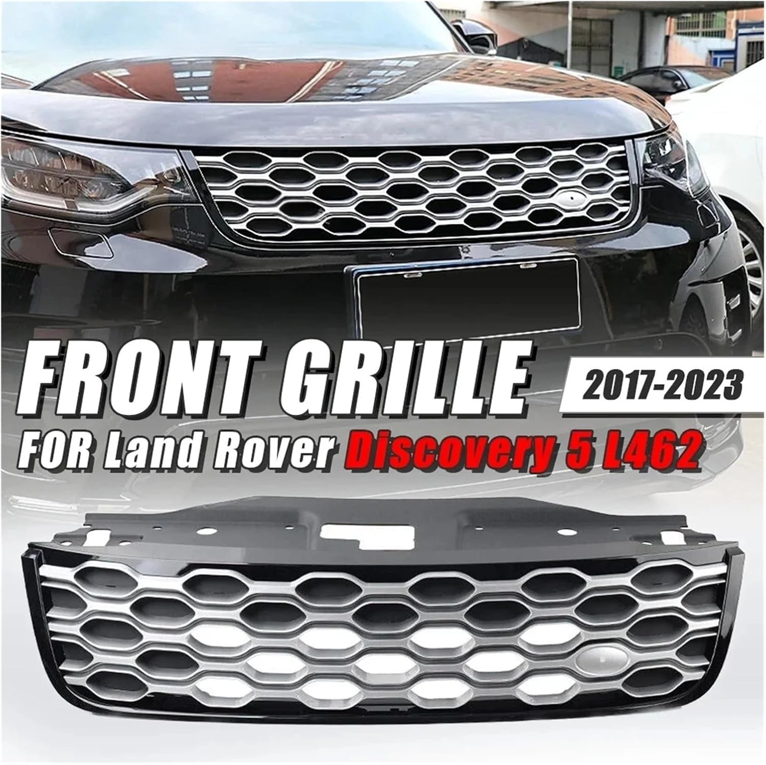 Front Bumper Grille Honeycomb Style Mesh Vent Replacement Parts Car Accessories Compatible for Land Rover Discovery 5 L462 2017-2023(Honeycomb Silver)