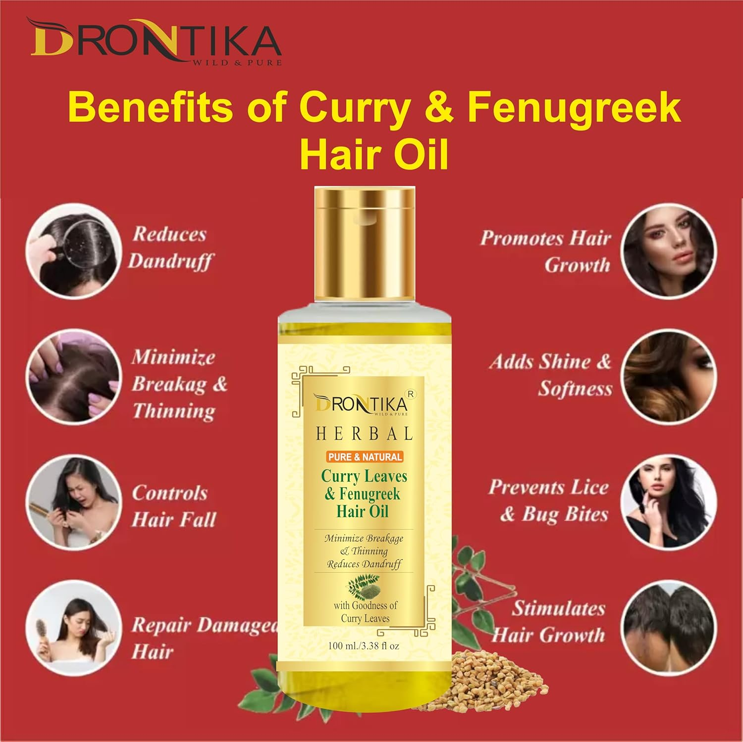 Khadi Drontika Curry Leaves & Fenugreek Hair Oil for Hair Fall and Greying Control - with Vitamin E - 100Ml image number 1