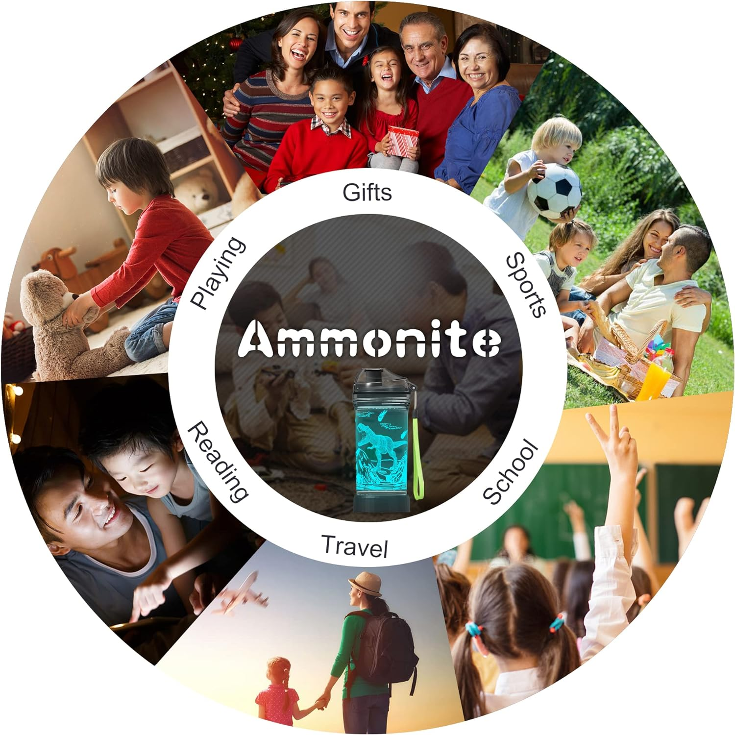 Ammonite Dinosaur Water Bottle for Kids with 3D Glowing LED Light - 14 OZ Tritan BPA Free - Creative Ideal Travel Cup Dinosaur Jurassic School Kid Boy Child Holiday Camping Picnic image number 1