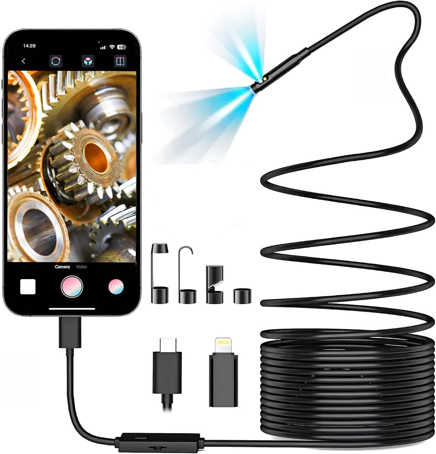 Endoscope Camera with Light, Dual-Lens 1920P HD Borescope with 8 Adjustable LED Lights, IP67 Waterproof Boroscope Inspection Tools, 16.4Ft Semi-Rigid Snake Camera for Ios & Android image number 2