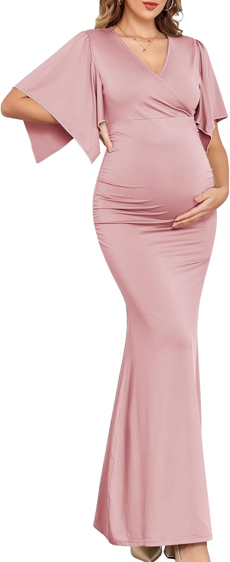 CYCLAMEN Maxi Maternity Dress Sparkly Baby Shower Semi Formal Wedding Guest V-Neck Handkerchief Sleeves Elegant Pregnancy