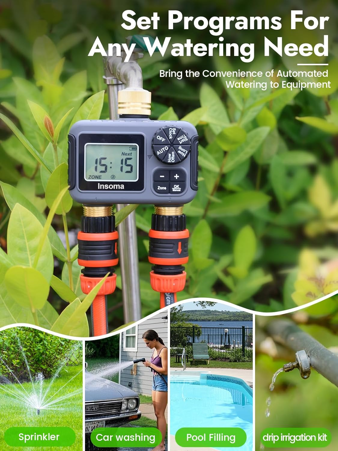 Insoma 2 Zone Tap Timer, Programmable Water Timer for Garden, Watering Timers W/Rain Delay & Auto/Manual Modes, Dual Outlet Sprinkler Controller for Flower Irrigation, Lawn Care, IPX5 Waterproof image number 4