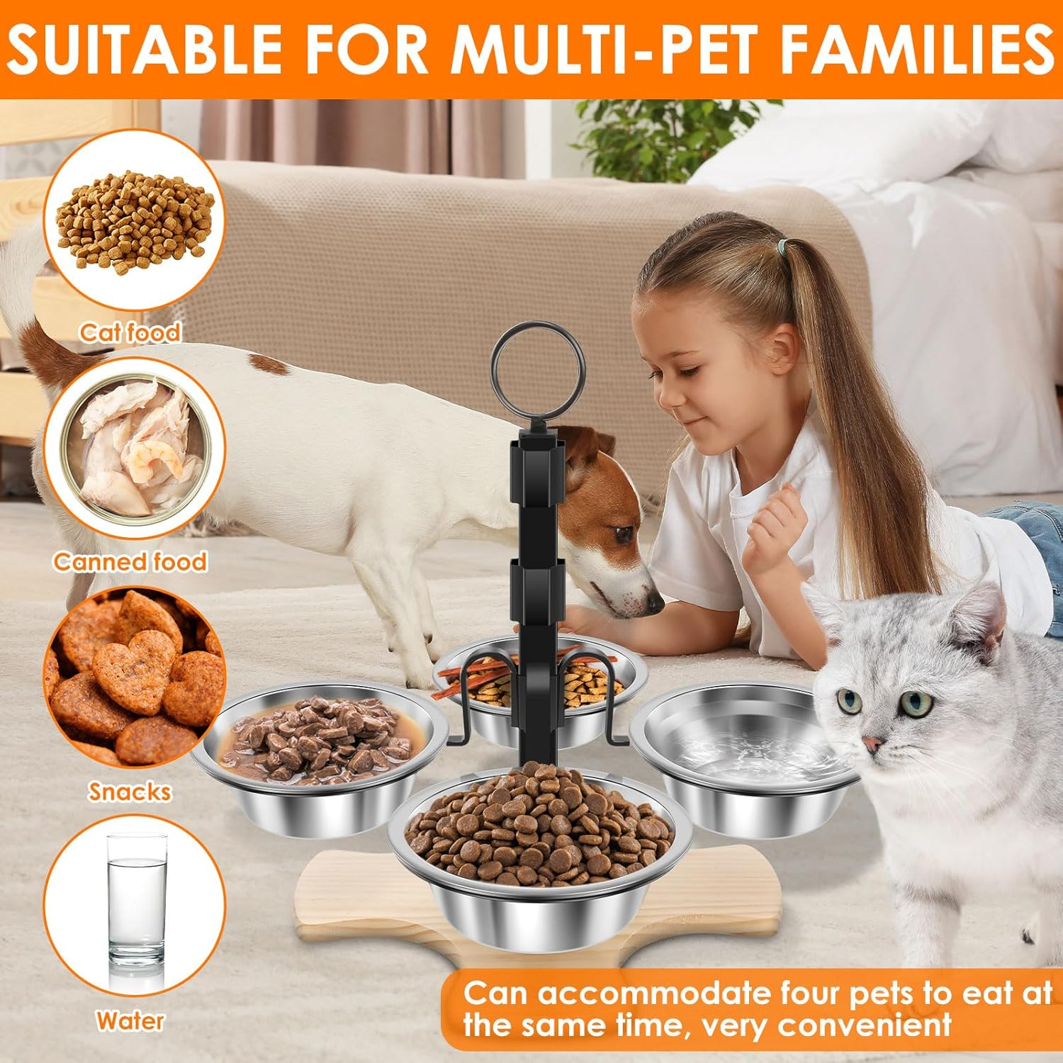 Elevated Cat Bowls with Stand, 3 Height Adjustable Cat Food Bowl, Detachable Pet Feeding Station​ Rack, Portable Pet Bowl Bracket for Small Medium Dog