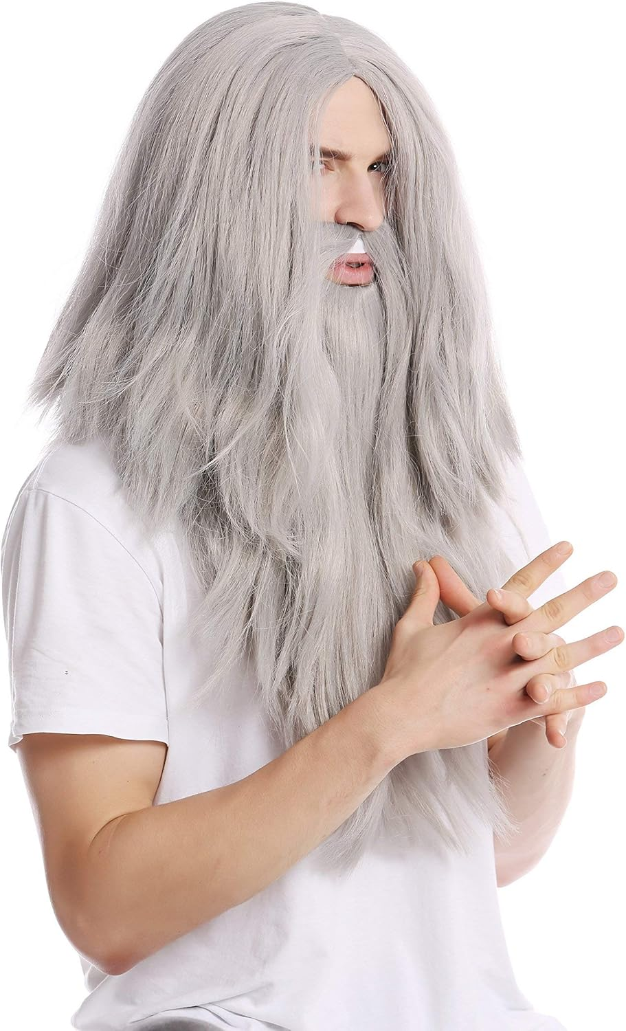 WIG ME up - PW0210-ZA68E Wig & Beard Halloween Carnival Long Straight Grey Wizard Servant Ruprecht Prophet Old Biker image number 1