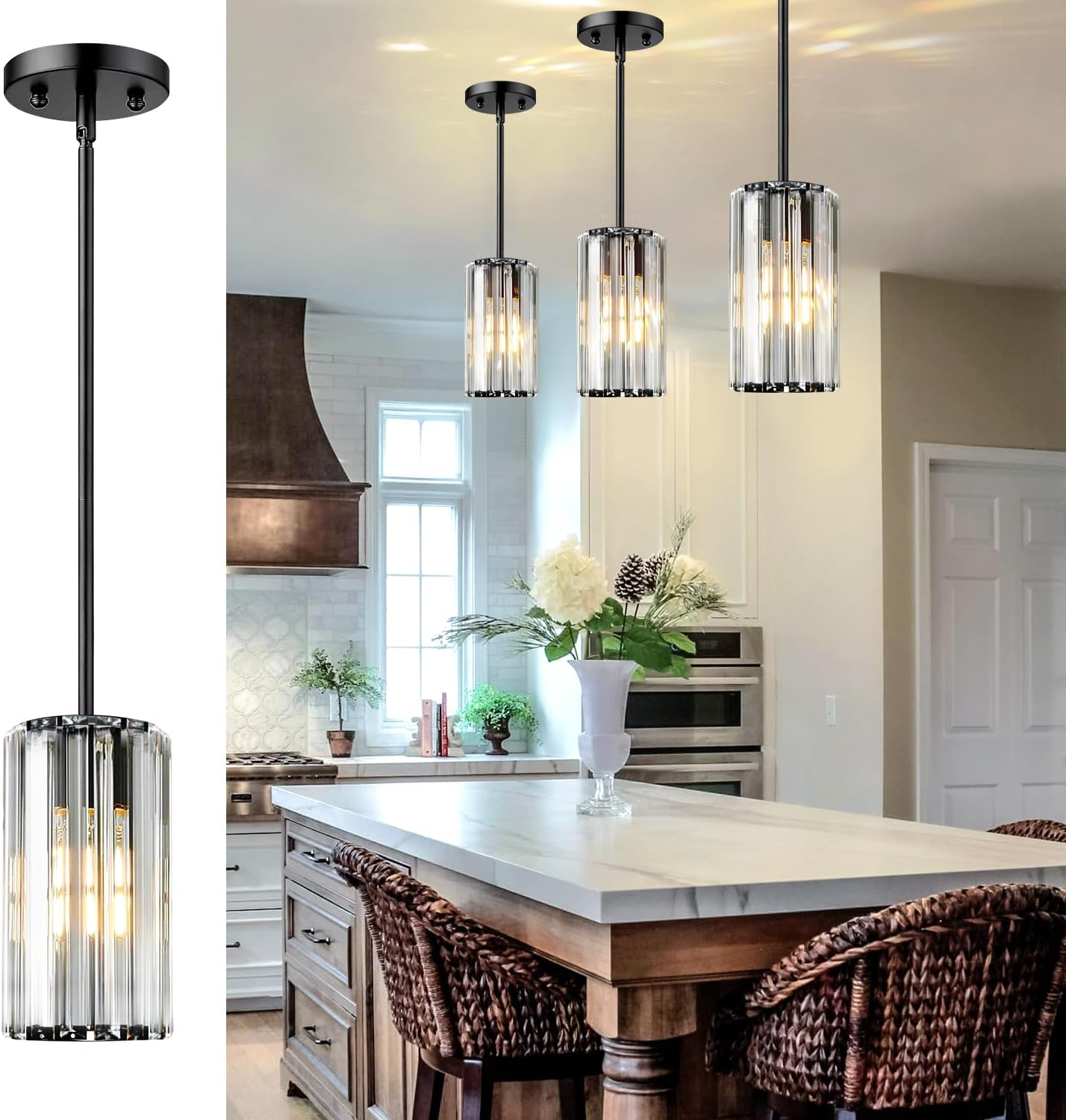 Mlihove Pendant Light Kitchen 1-Light, Crystal Pendant Lighting Black Island Light Fixture Hanging Adjustable, Modern Pendant Lights Chandelier for Dining Room, Kitchen Island, Entryway, Hallway image number 5