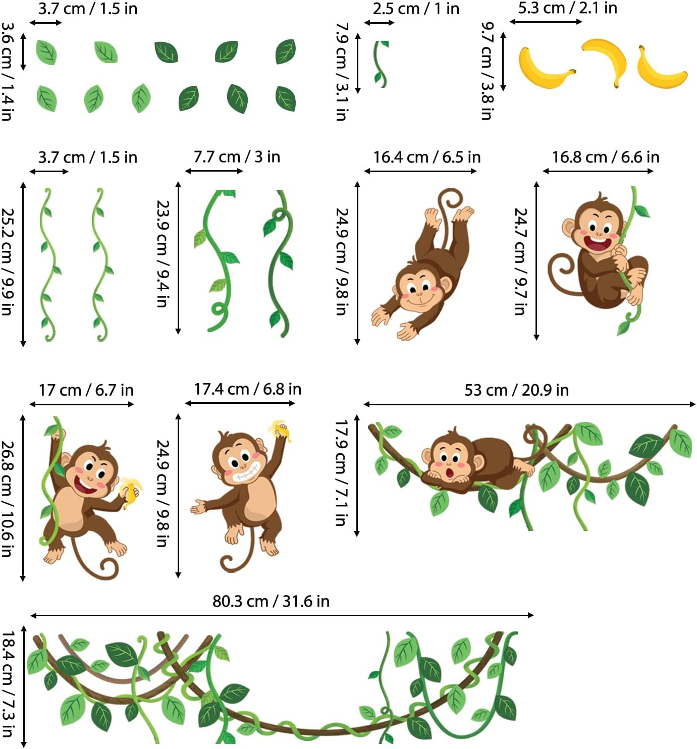 DECOWALL DS9-8053 Monkey Vines Wall Stickers Animals Kids Decals Peel and Stick Removable for Nursery Bedroom Living Room Baby Family Leaf Art D&eacute;cor image number 2