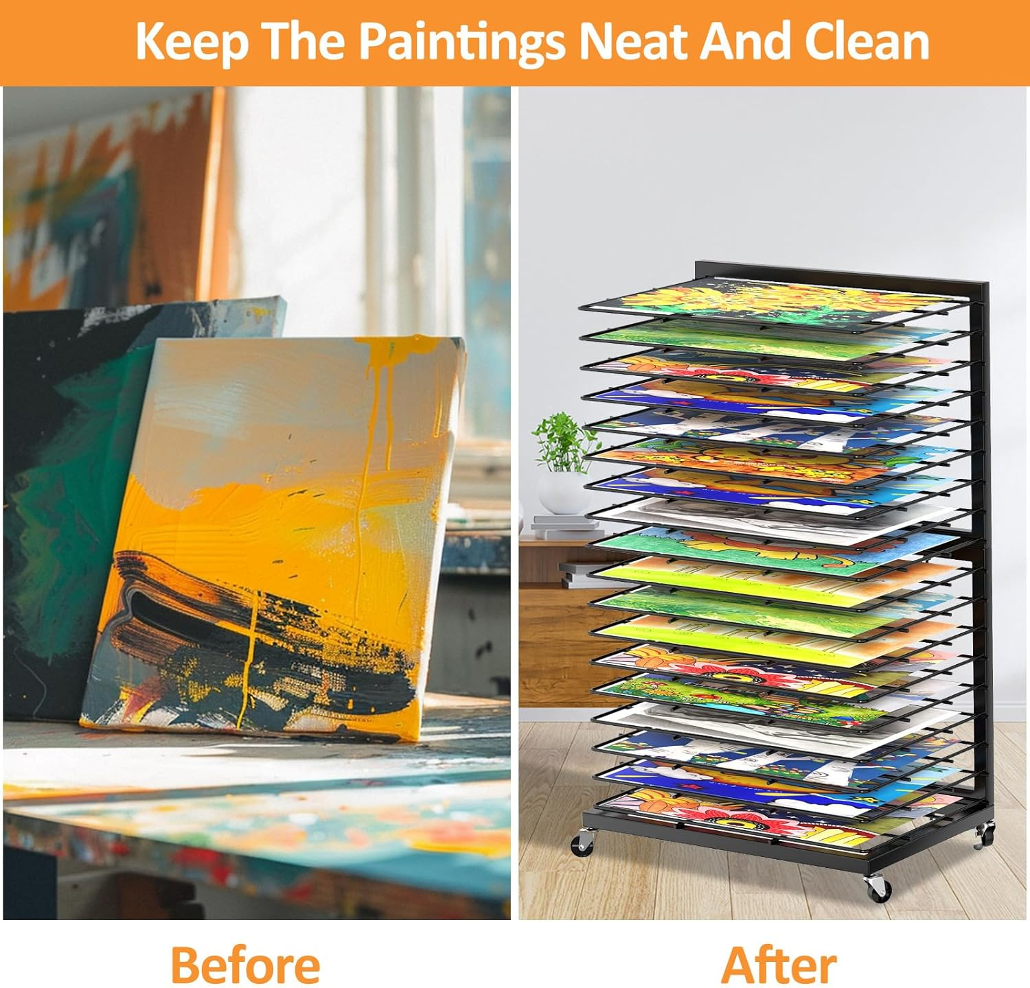 HOOMFIT Portable Art Storage Rack,Painting Drying Rack, 18 Removable Shelves Art Drying Rack with Lockable Wheels image number 2