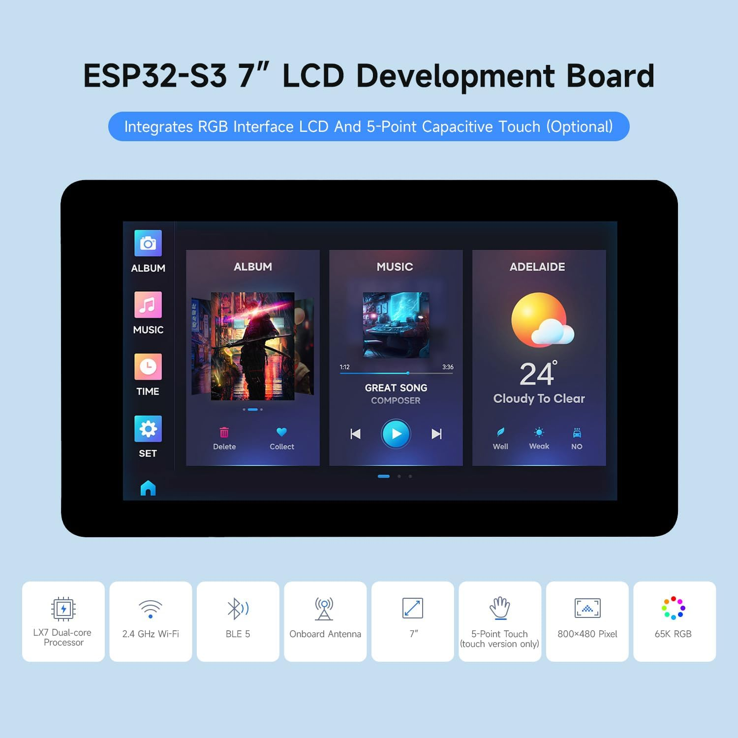 Waveshare ESP32-S3 7Inch Capacitive Touch LCD Development Board, ESP32 with Display, 800&times;480, 5-Point Touch, up to 240Mhz Frequency, Supports Wi-F & Blue-T, with Onboard An-Tenna image number 3
