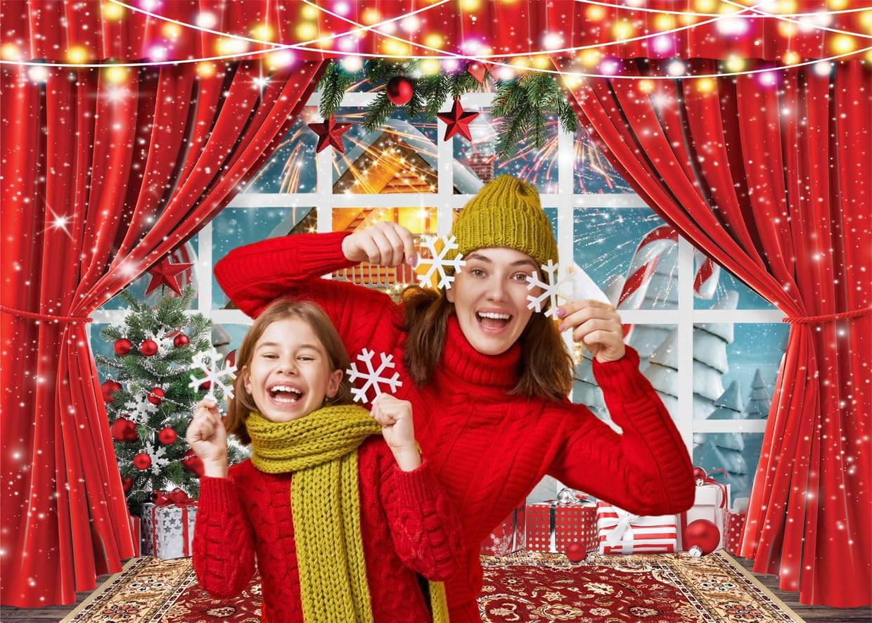 LYCGS 8X6Ft Christmas Backdrop Winter Christmas Window Photography Background Xmas Party Backdrop Xmas Tree Snow Fireworks Cartoon Christmas Photo Backdrops X-166 image number 5