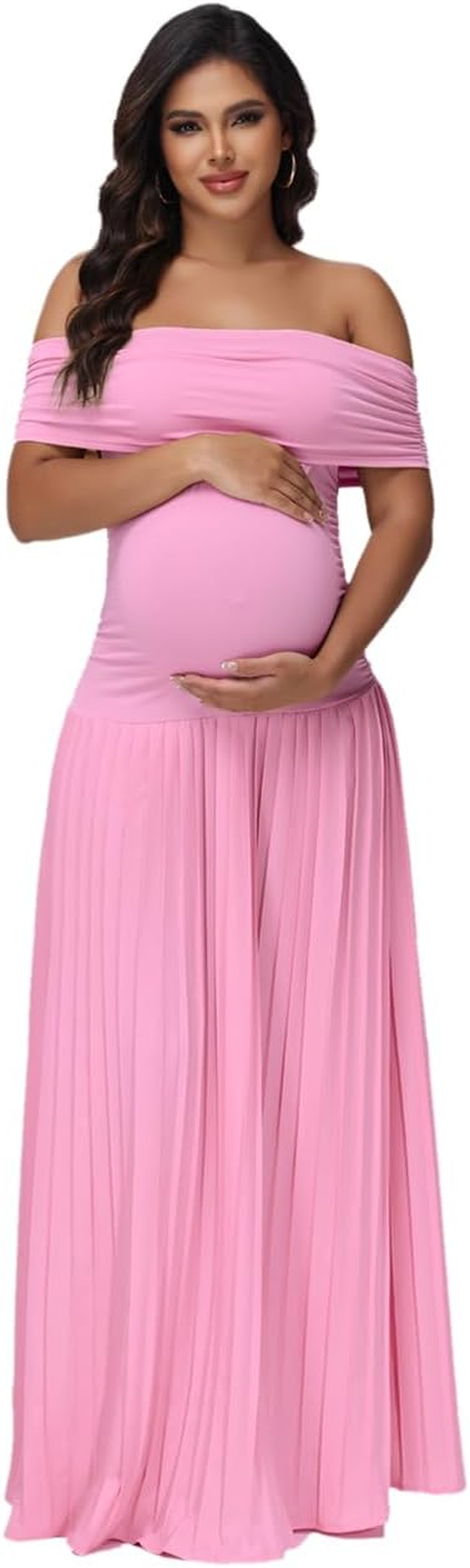 Justvh Women'S Maternity off Shoulder Baby Shower Dress Party Paneled Ruched Hem Maxi Photography Gown for Photoshoot