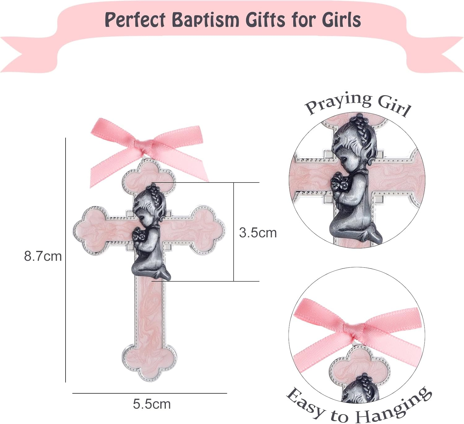 KOMI Pink Baby Wall Cross Baptism Gifts for Girls Praying Boy Cross Wall Hanging Decor Religious Catholic Baptism First Holy Communion Gifts image number 3