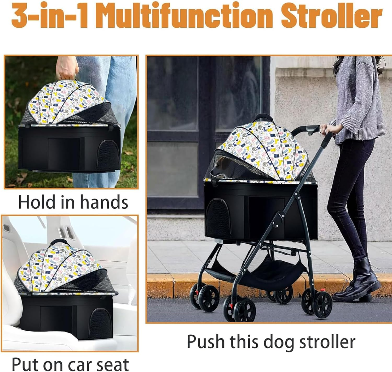 Large Pet Stroller - Dog Cat Carrier Pushchair, Foldable Pram 4 Wheels Black, Detachable Design Baby Pet Stroller, Removable and Washable Padded image number 6