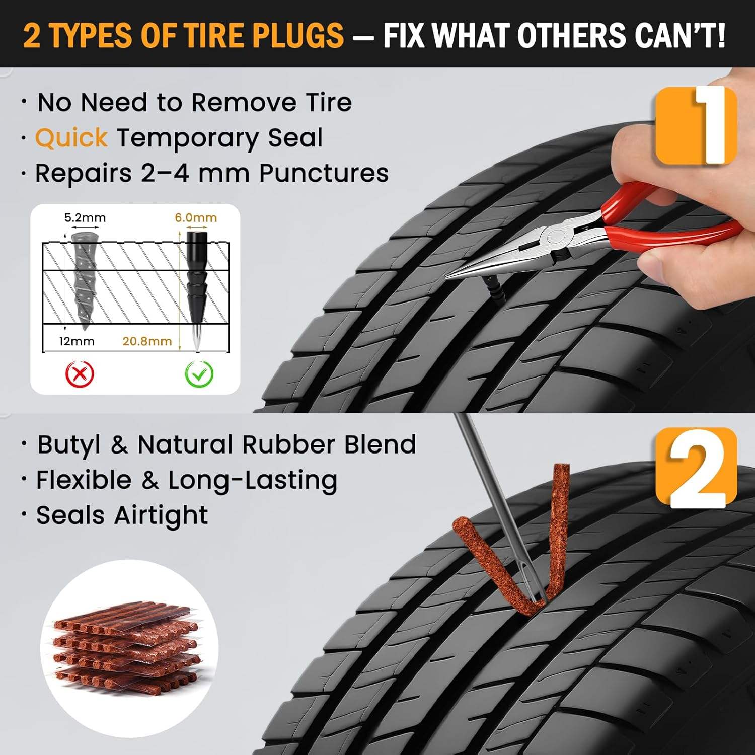 ORCISH 70PCS Tire Repair Kit, Professional Heavy Duty Tire Plug Kit, Tire Patch Kit for Fix a Flat, Tubeless Tire Puncture Change Tool Kit for Car, Motorcycle, Truck, ATV, Tractor, RV, SUV, Trailer image number 2