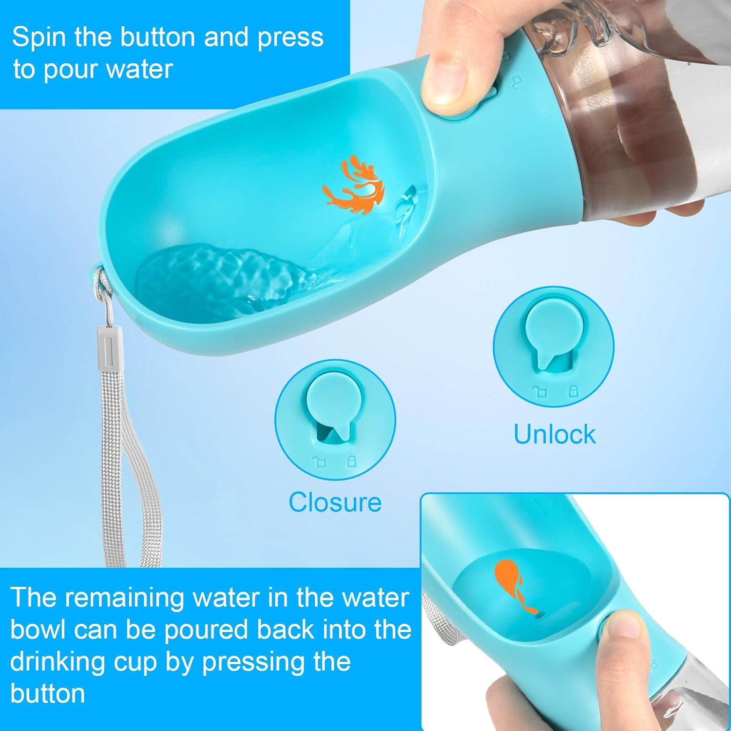 Portable Pet Water Bottle, 550 Ml, Dog, Cat, Pets, Leak-Proof Water Bottle with 100 Ml Dog Food Cup, Perfect for Dogs on the Go, Leak-Proof Outdoor Water Bottle (Blue) image number 4