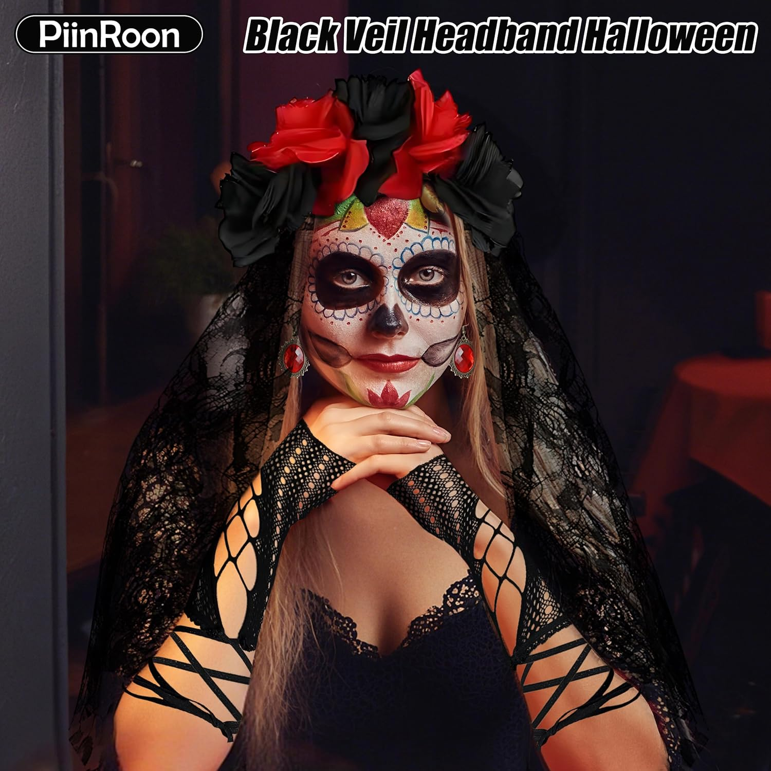 Piinroon Day of the Dead Headband, 5 Pcs Day of the Dead Costume, Halloween Headband Necklace Earrings Gloves Socks for Women image number 3