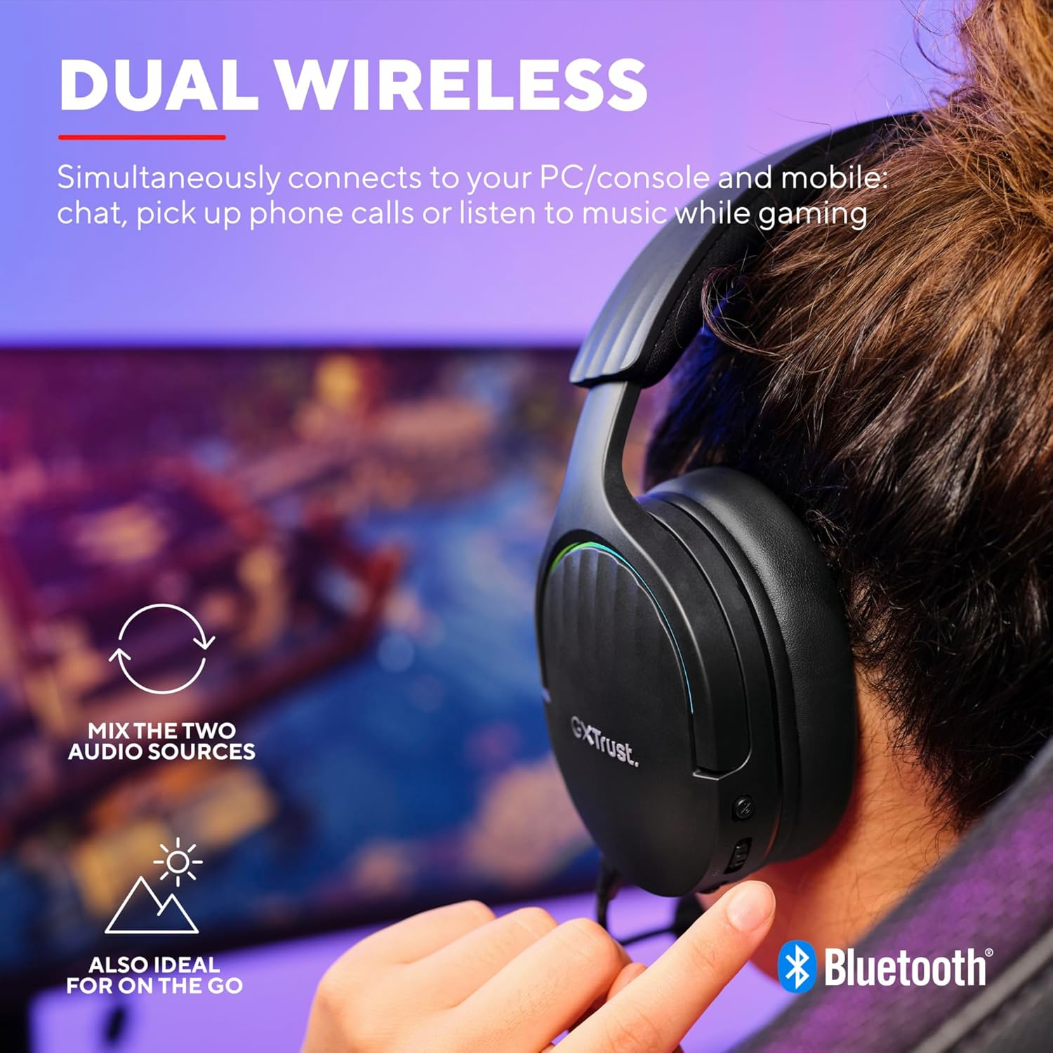 Trust Gaming GXT 491 Fayzo Gaming Headset Bluetooth + 2.4 Ghz, 7.1 Surround Sound, 22H Battery Life, 85% Recycled Plastic RGB Over-Ear Headphones Wireless Bluetooth PC PS5 PS4 Switch, Black