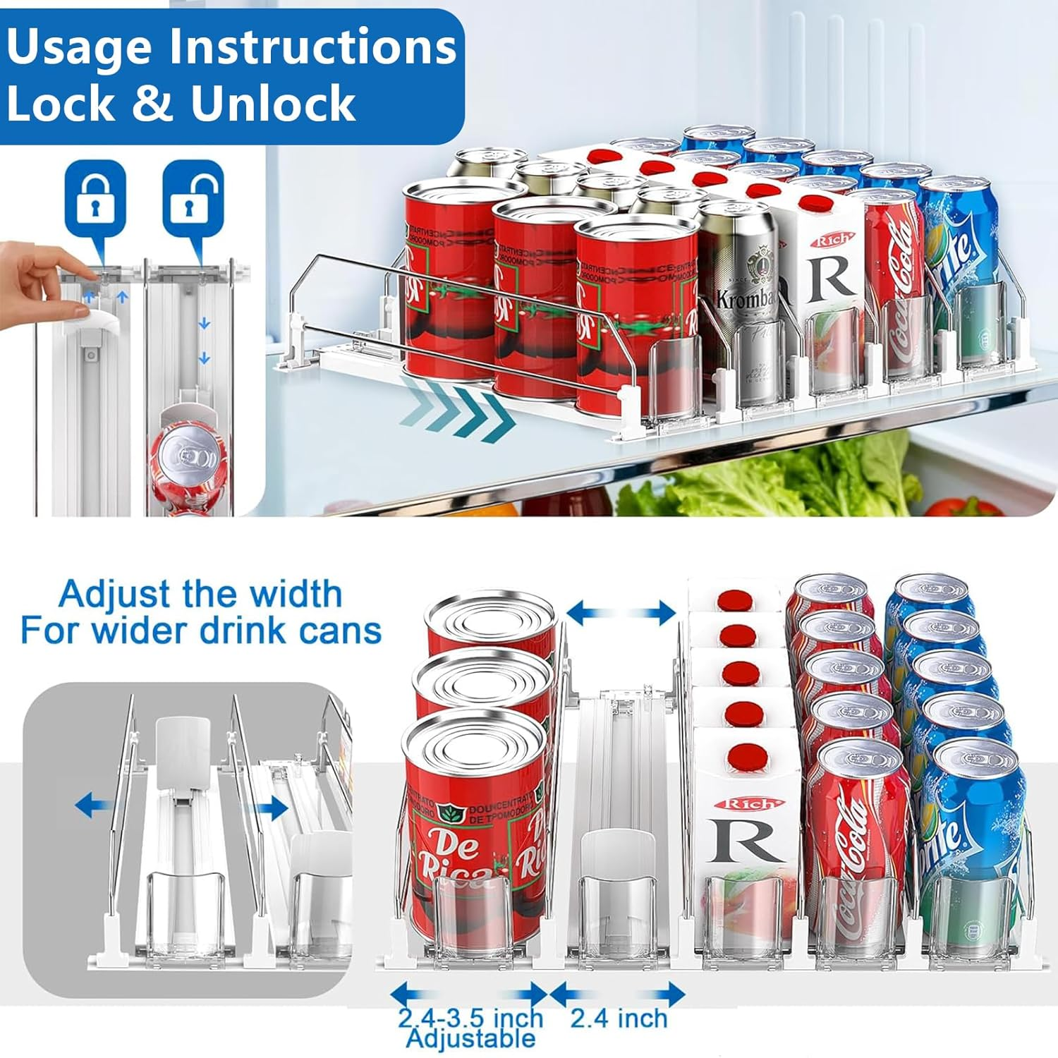 4PCS Generic Fridge Organiser, Can Dispenser Fridge, Width-Adjustable Beverage Pusher Glide, Holds up to 20 Cans, Automatic Replenishment for Beer, Soda, Seltzer Pop Ideal for Fridge, Kitchen & Pantry image number 1