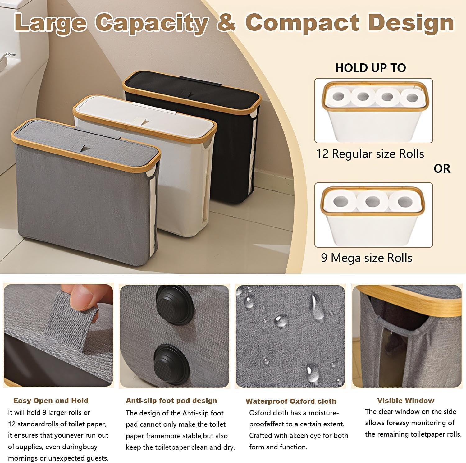 Toilet Paper Storage Basket, Toilet Paper Storage with Lid, Toilet Paper Organizer for Bathroom, Free Standing Toilet Paper Holder, Toilets Holder for up to 12 Rolls, for Bathroom (White) - Grey With Cloth Cover image number 5