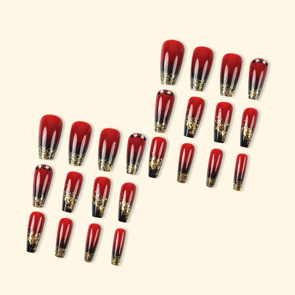 ＴＩＺＹＦＦ Press on Nails, Gold Glitter Black and Red Gradient Fake Nails, Artificial Nails for Women and Girls -24 Pcs
