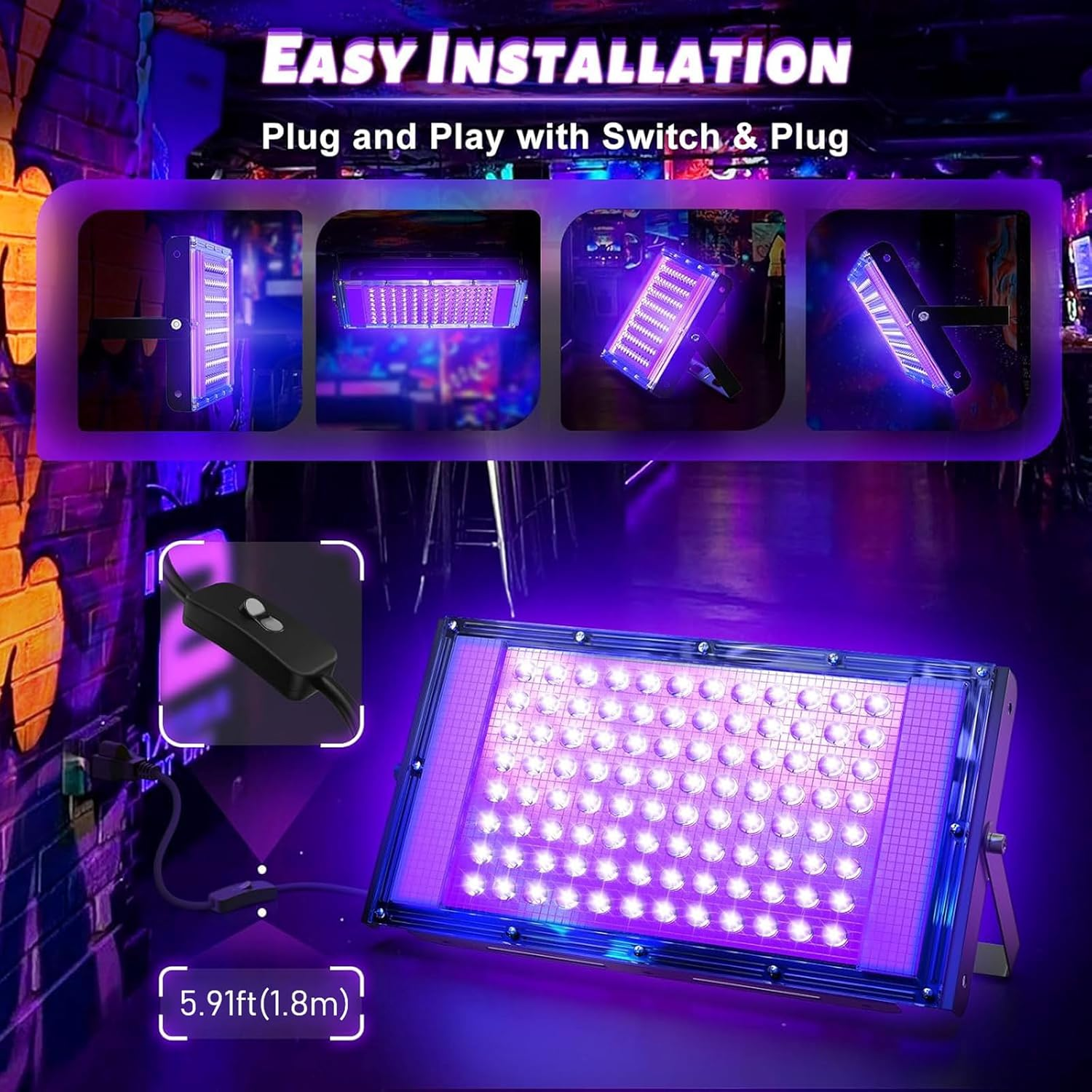 UV Black Light, 100W Black Lights, UV Flood Light AC220-240V, IP65 Waterproof, Blacklight Purple Glow in the Dark Paint Party Decorations Fixtures for Poster Room Stage Halloween image number 5