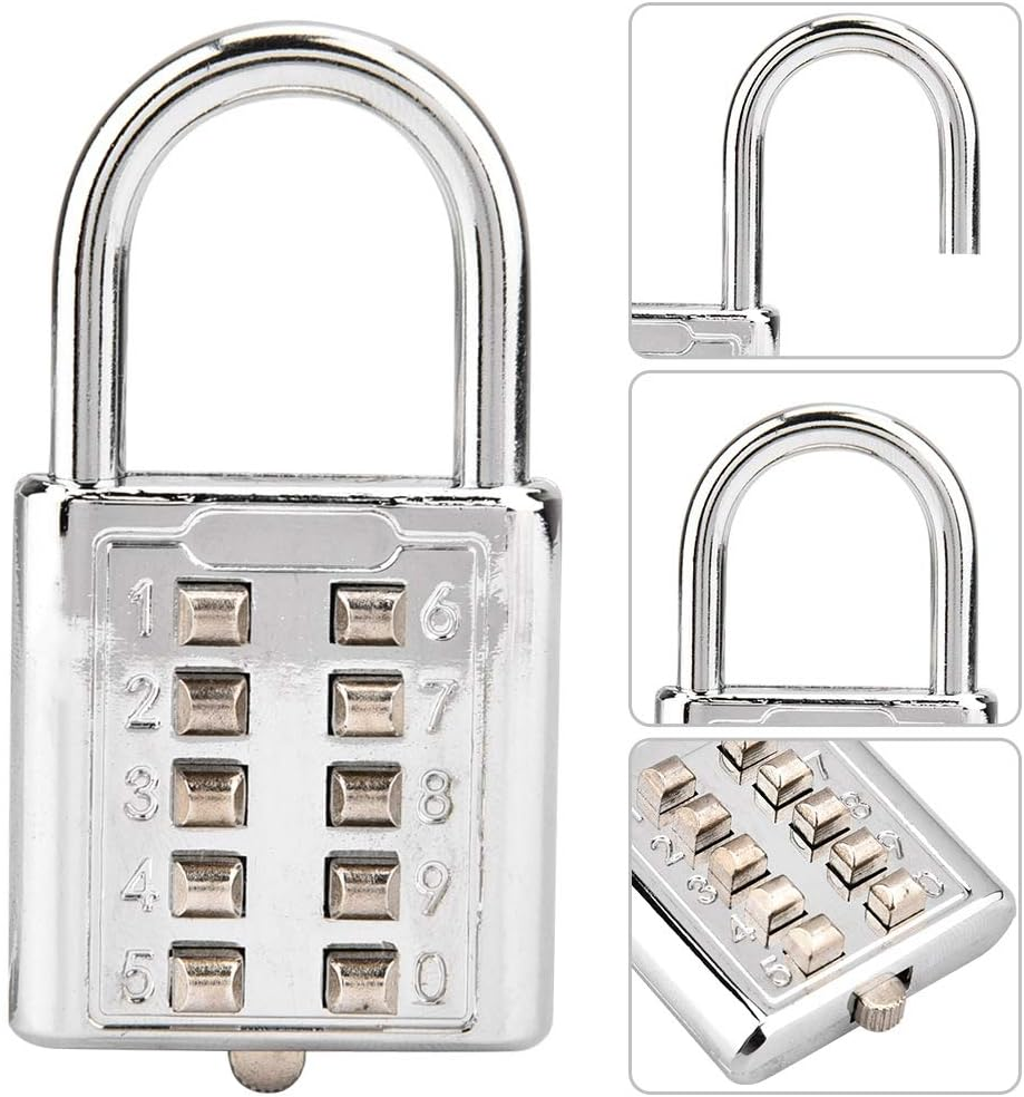 Padlock, Lock Tactile Button Combination Padlock, 10 Button Combination Padlock, 10 Digit Push Button Combination Padlock, 5 Locking Mechanism Bit Key Lock for Luggage, Cabinet
