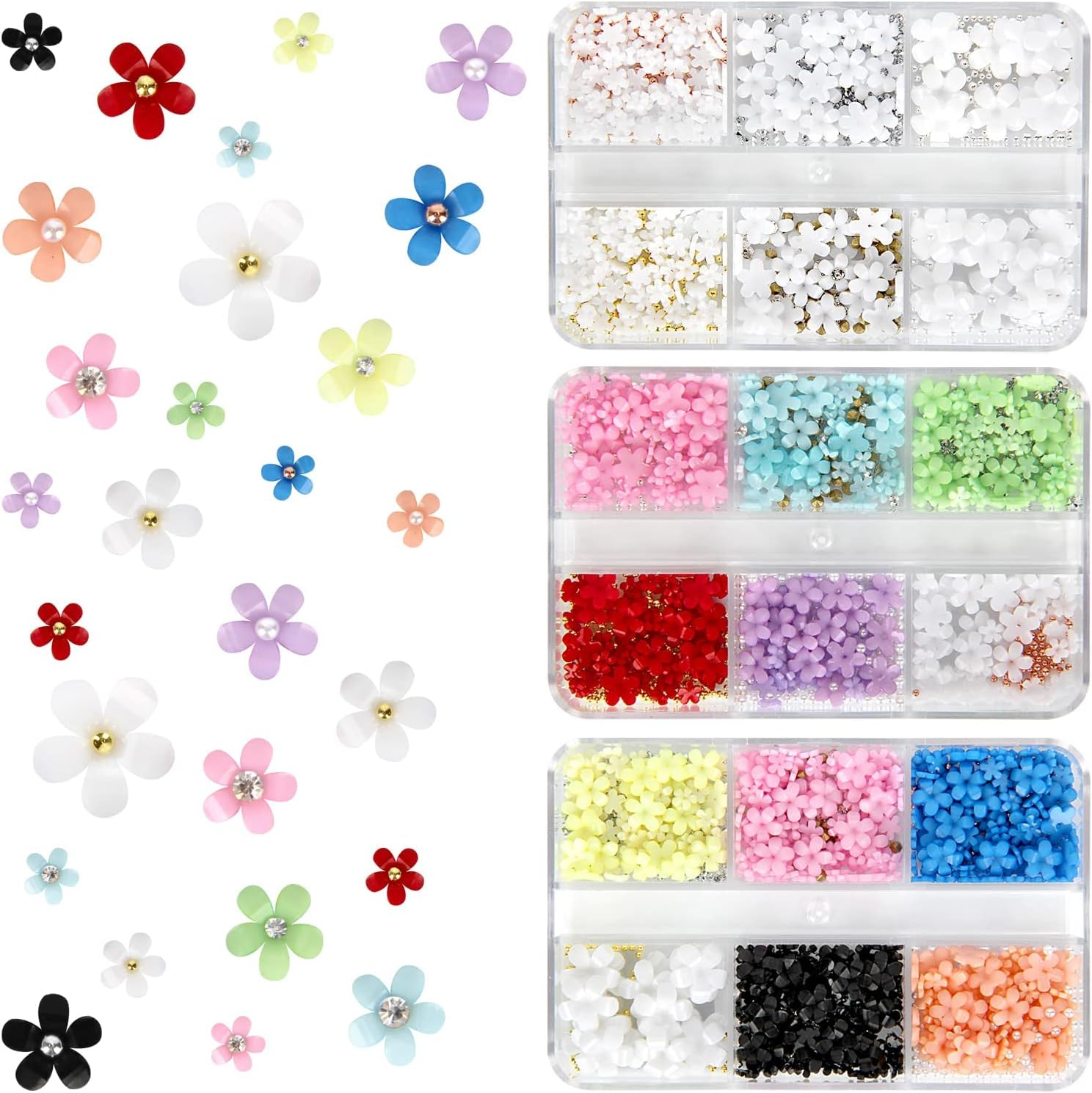 3D Flower Nail Charms, 3 Boxes 3D Acrylic Flower Nail Art Rhinestones with Gold Silver Pearl Beads Tweezers Included Spring Blossom Petal for DIY Nail Decorations