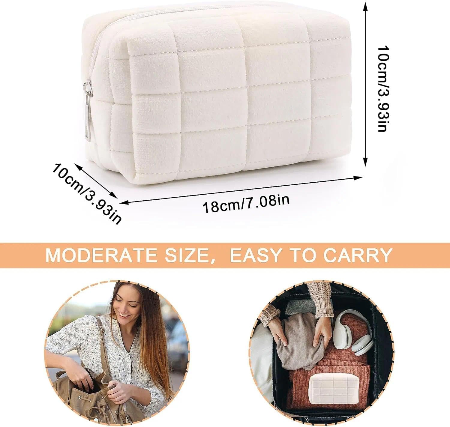 Travel Makeup Bag, Soft Velvet Cosmetic Pencil Case with Plaid Design for Women & Girls, Daily Use Toiletry Bag by Ermaoo image number 2