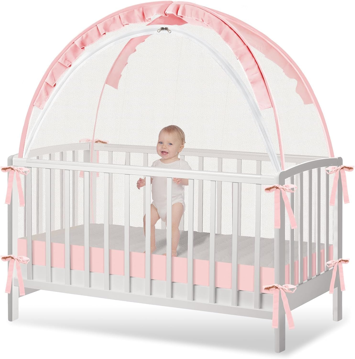 Dsocool Crib Tent - Keep Baby In, Stop Climbing Out, Pop up with Durable Breathable Net, Double Zipper, Strong Rods, Easy Installation (Grey)