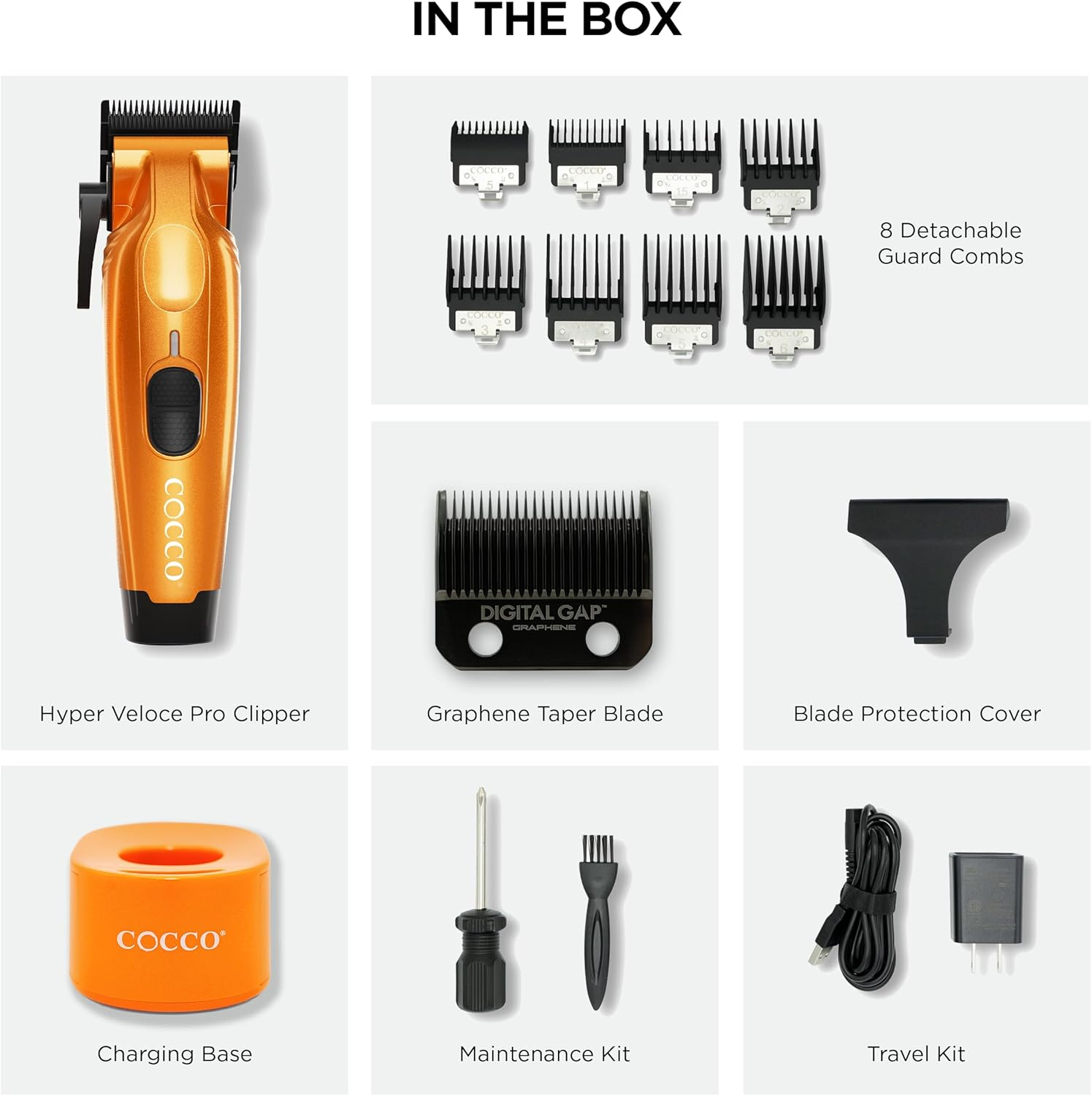 Cocco Hyper Veloce Pro Clipper, Digital Gap Ambassador Graphene Taper Blade Professional Hair Clippers, High-Torque BLDC Motor, All-Metal, Cordless, Charging Station Included, Orange - Orange image number 2