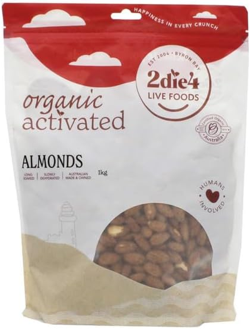 2 Die 4 Live Foods, Activated Organic Almonds 1 Kilogram - Long Soaked and Slowly Dehydrated at Low Temperatures, Delicious and Crunchy. Easy on the Go Snack.