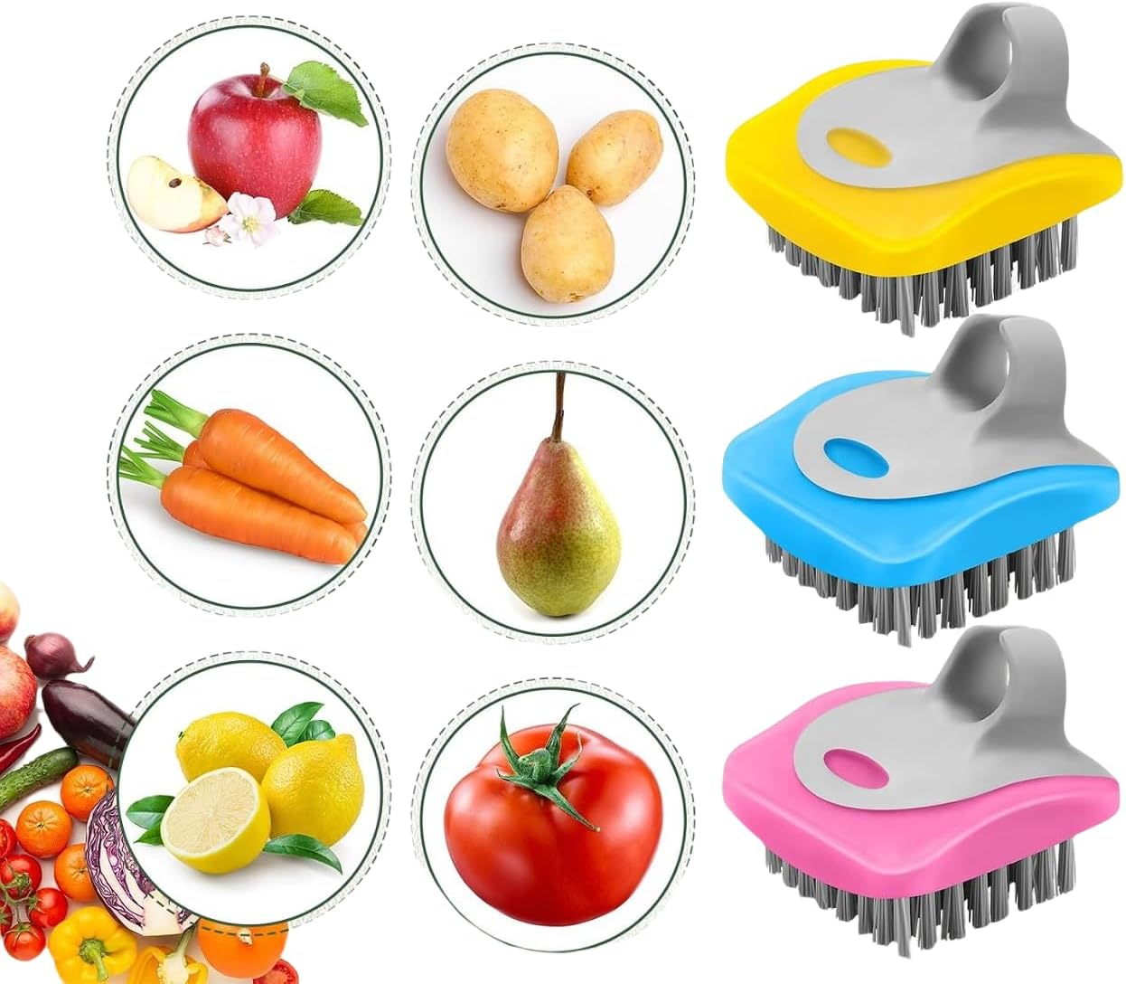 WADY 3-Piece Fruit & Vegetable Cleaning Brushes Set Potato, Mushroom & Veggie Scrubbers Multi-Purpose Kitchen Brush Set with Durable Bristles for Effective Cleaning (Yellow, Red, and Blue)