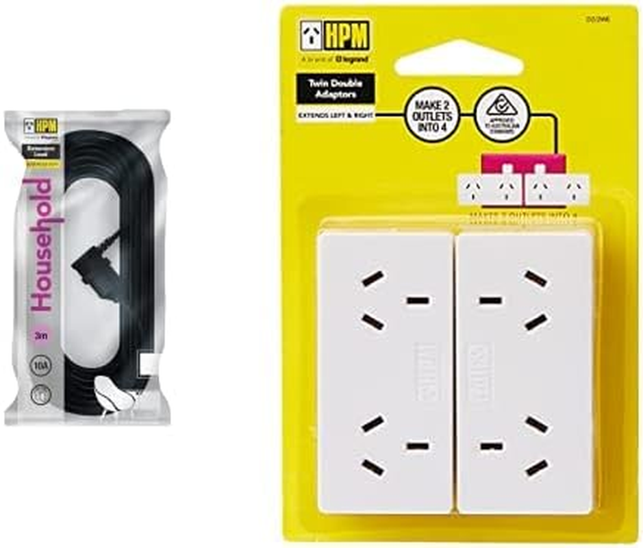 HPM Entertainment Extension Lead Black 3M + D2/2WE Left and Right Extend 10A 2400W Double Adaptor 2-Pieces, White